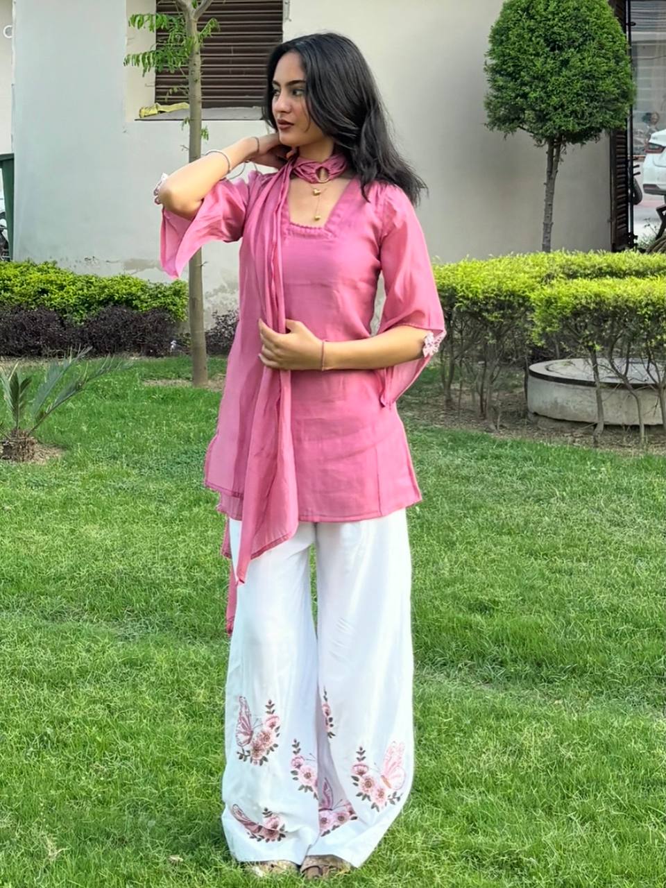 Pink Roman Silk Palazzo Suit