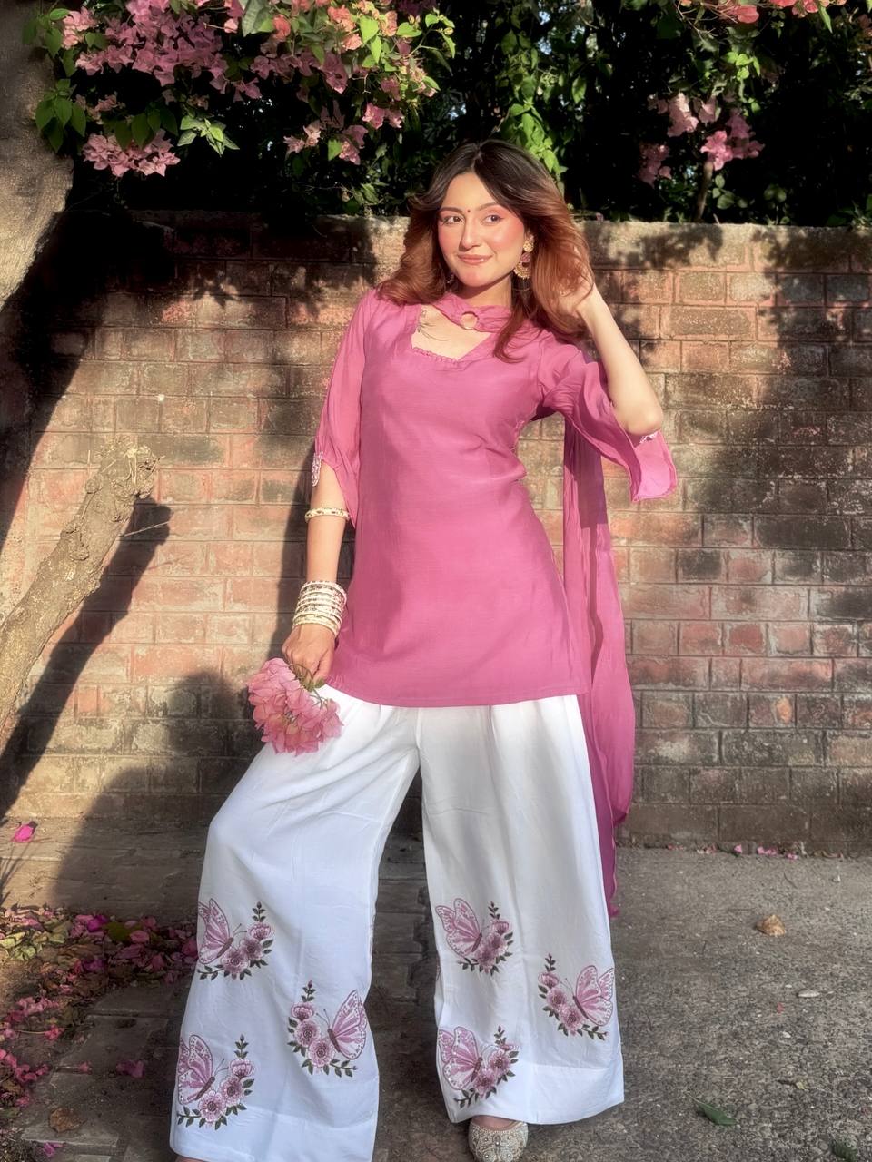 Pink Roman Silk Palazzo Suit