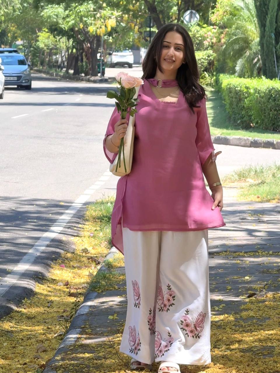 Pink Roman Silk Palazzo Suit