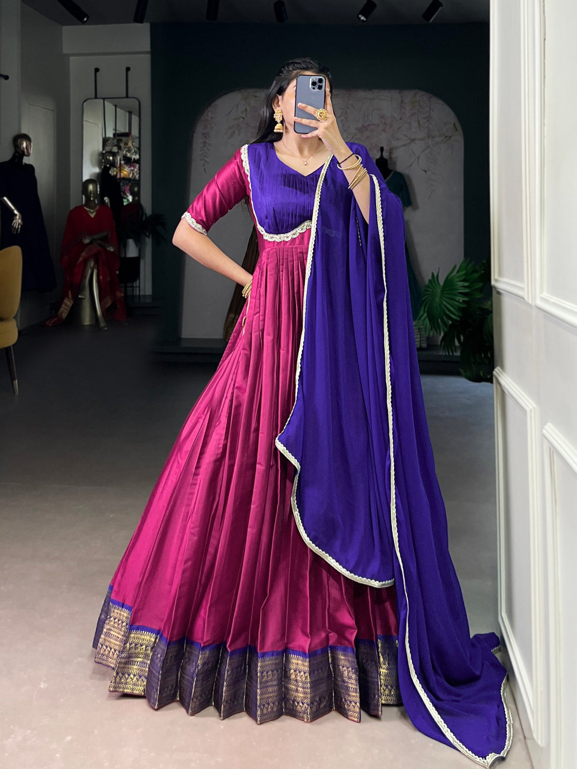 Pink Royal Aura Silk Zari Weaving Gown with Lace Touch & Georgette Dupatta – Stitched Ensemble