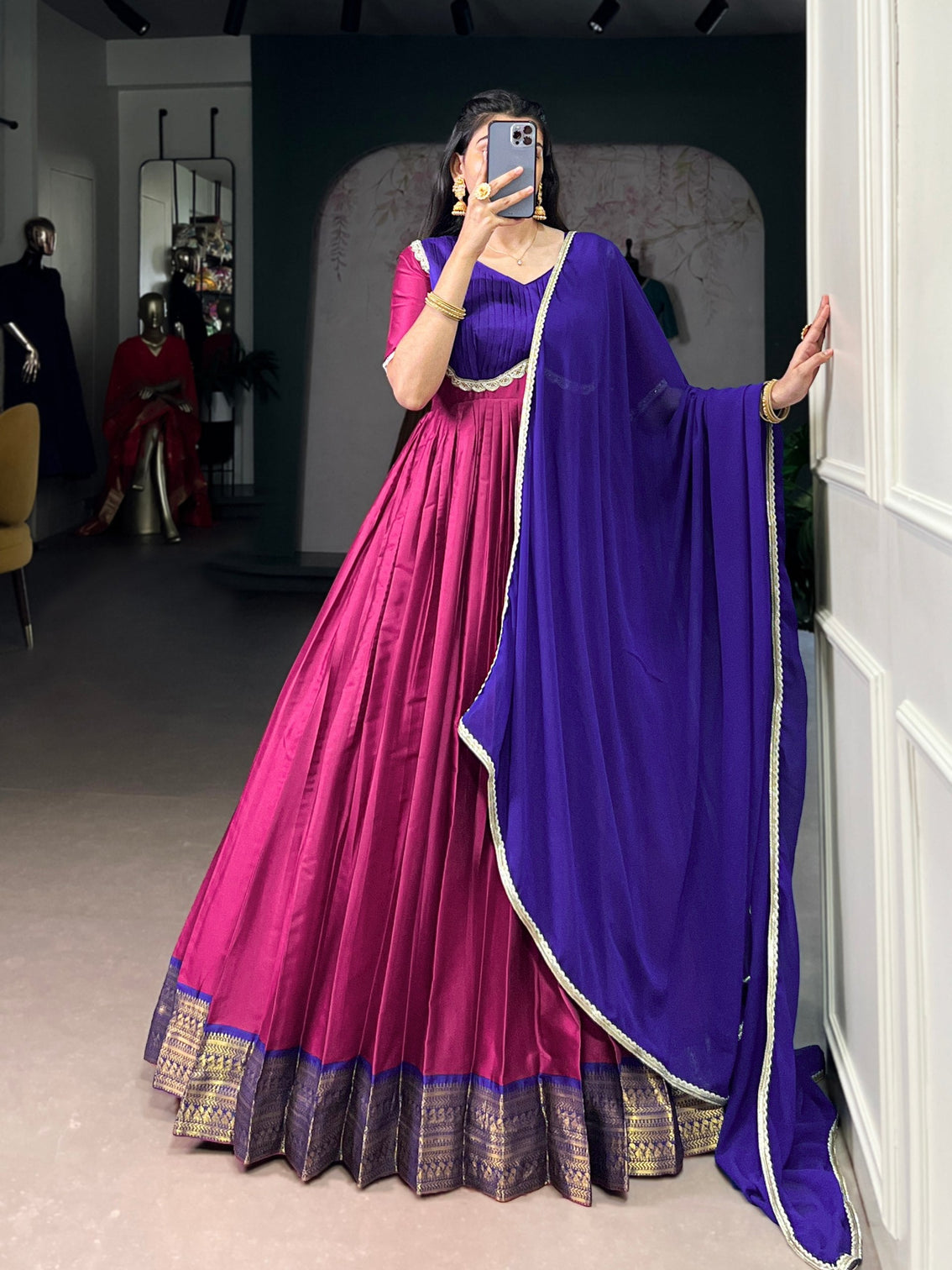 Pink Royal Aura Silk Zari Weaving Gown with Lace Touch & Georgette Dupatta – Stitched Ensemble