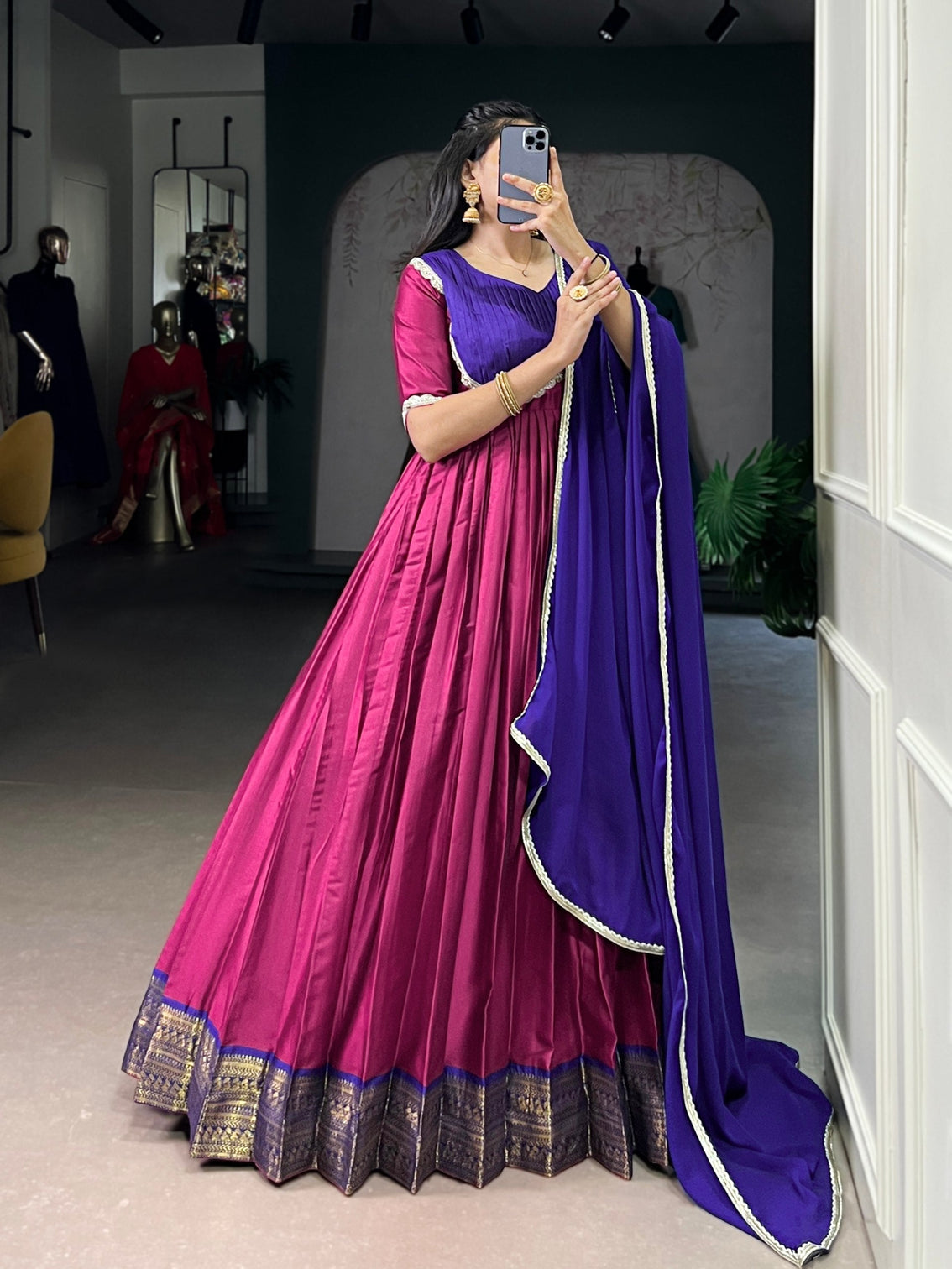 Pink Royal Aura Silk Zari Weaving Gown with Lace Touch & Georgette Dupatta – Stitched Ensemble