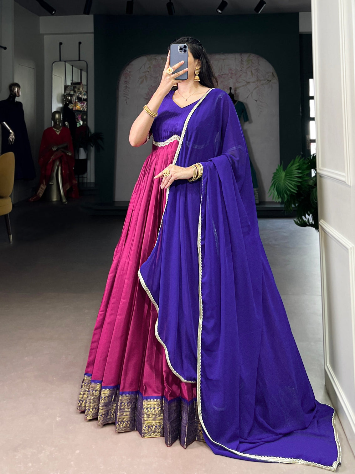 Pink Royal Aura Silk Zari Weaving Gown with Lace Touch & Georgette Dupatta – Stitched Ensemble