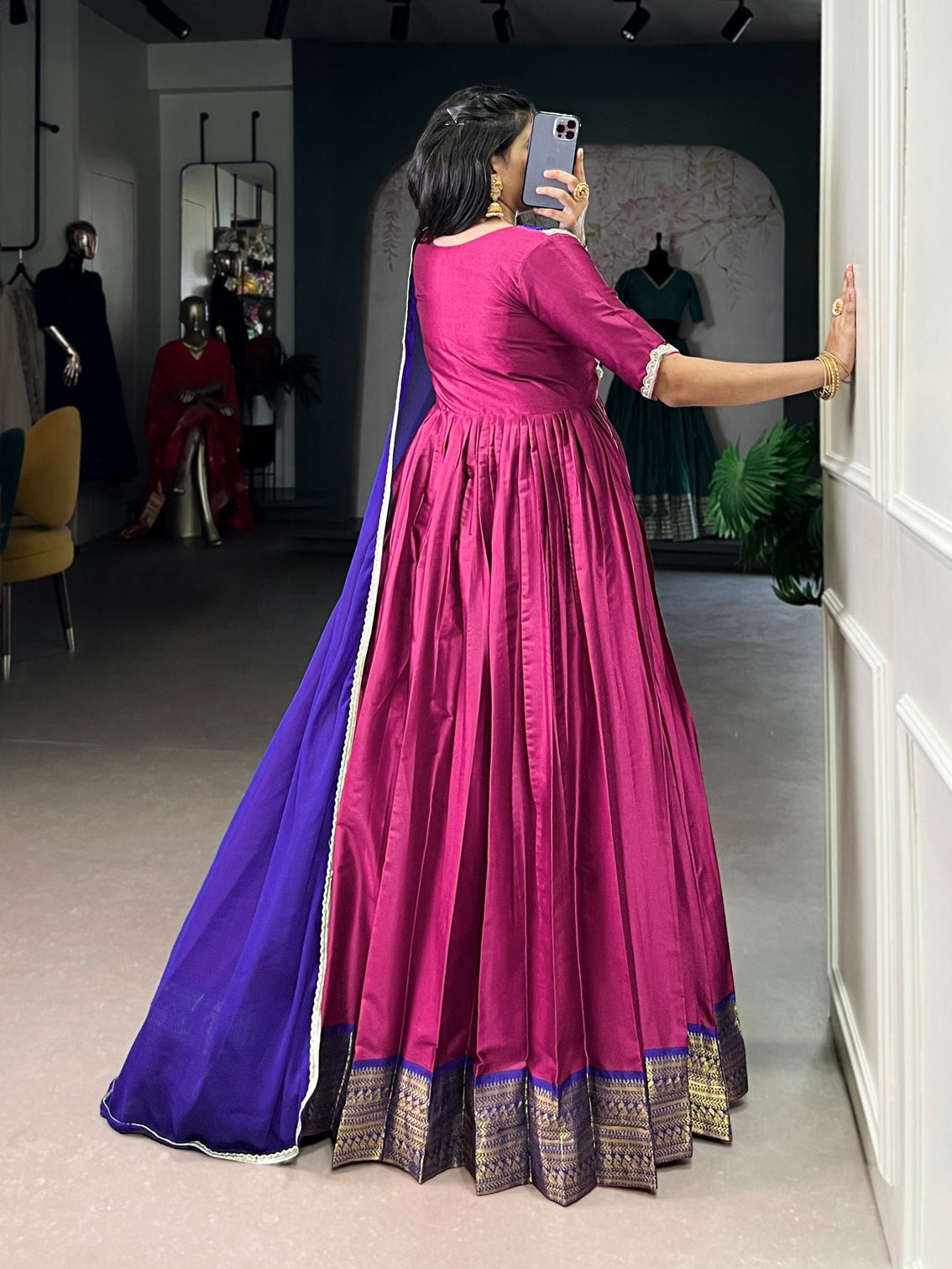 Pink Royal Aura Silk Zari Weaving Gown with Lace Touch & Georgette Dupatta – Stitched Ensemble