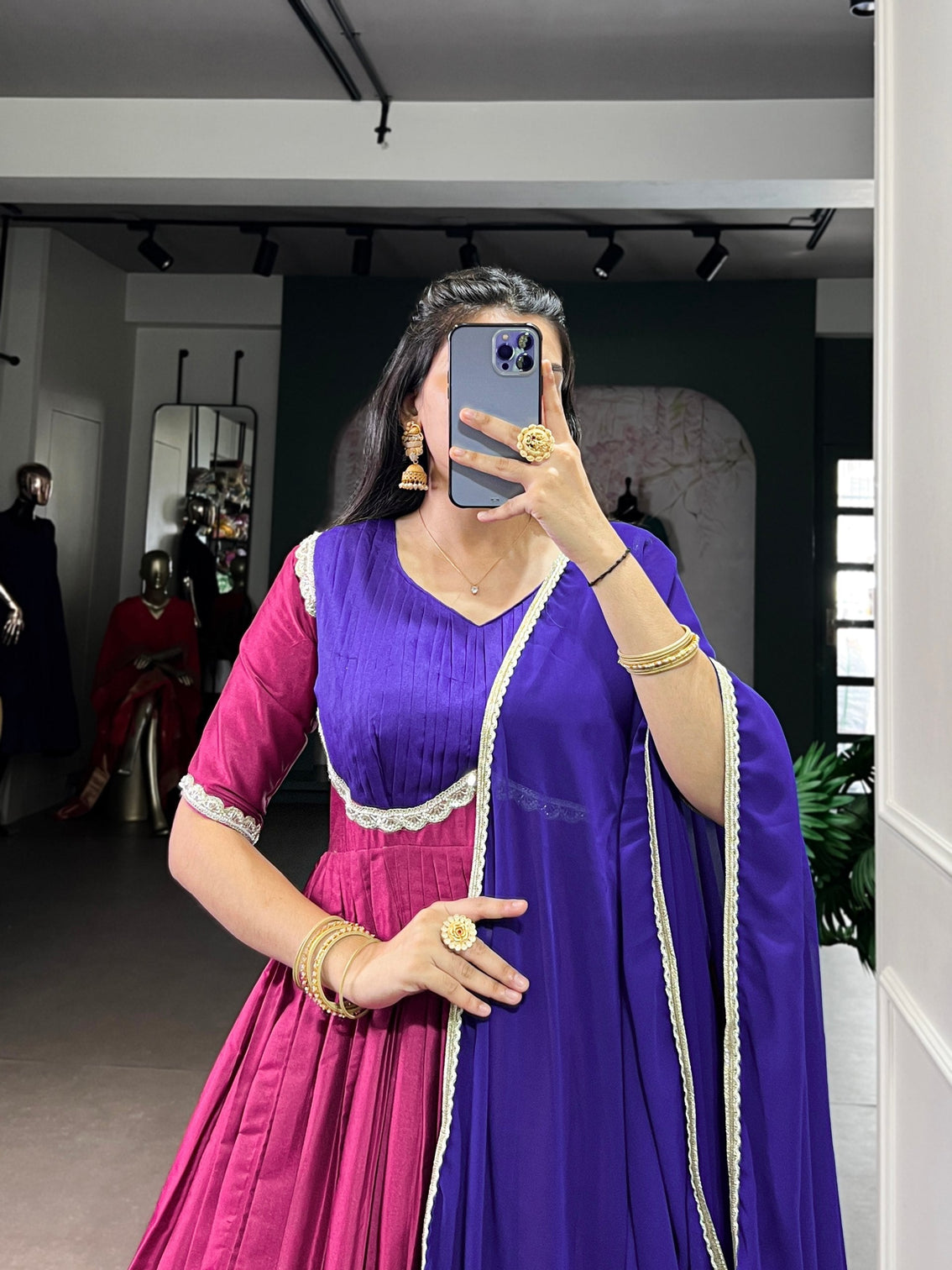 Pink Royal Aura Silk Zari Weaving Gown with Lace Touch & Georgette Dupatta – Stitched Ensemble