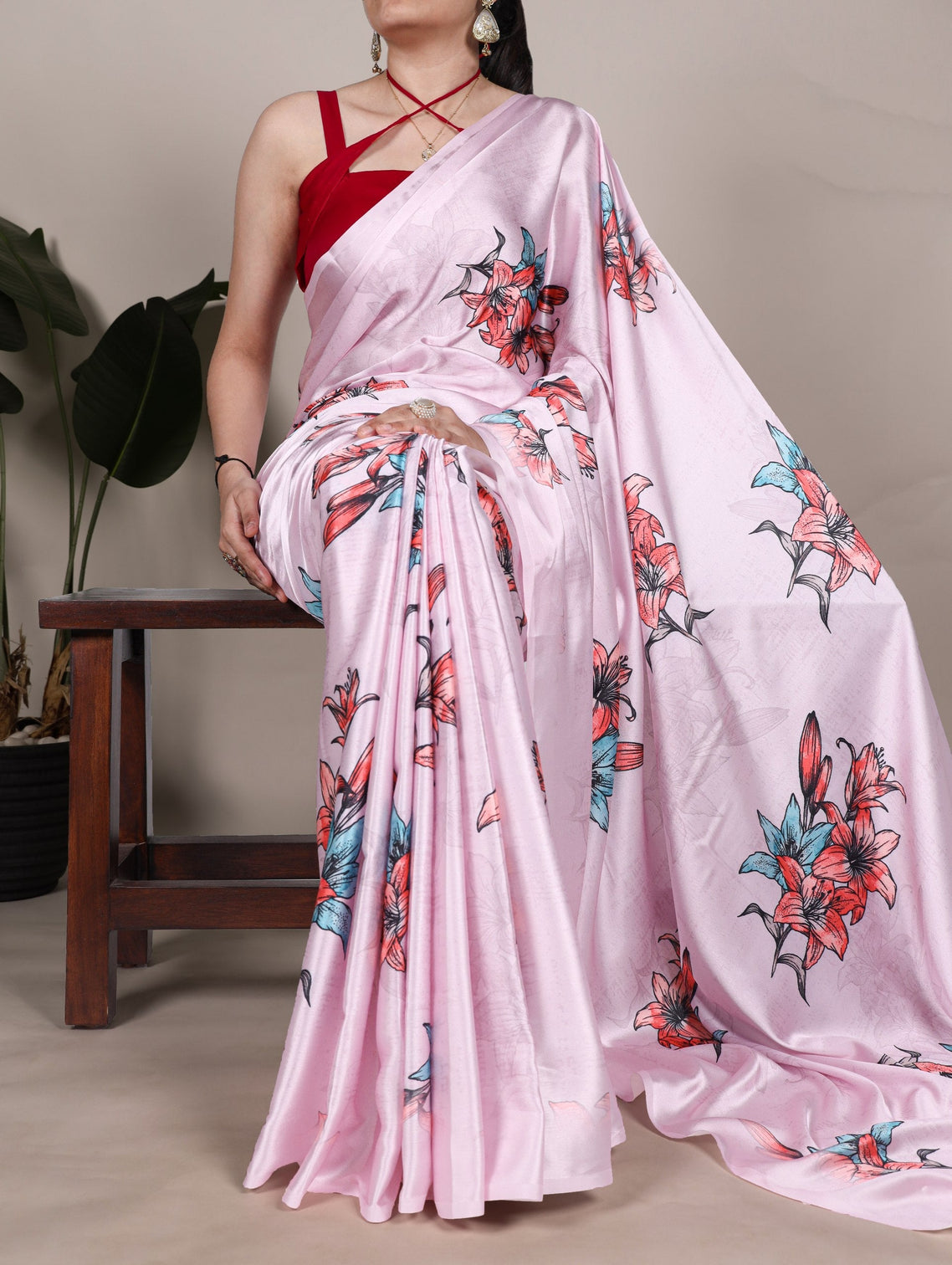 Pink Satin Silk Floral Printed Saree with Natural Silk Blouse Piece