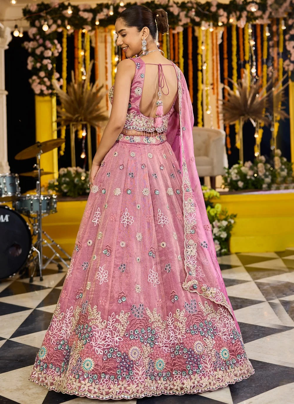 Elegant pink satin silk sequins girlish bridal lehenga with dupatta