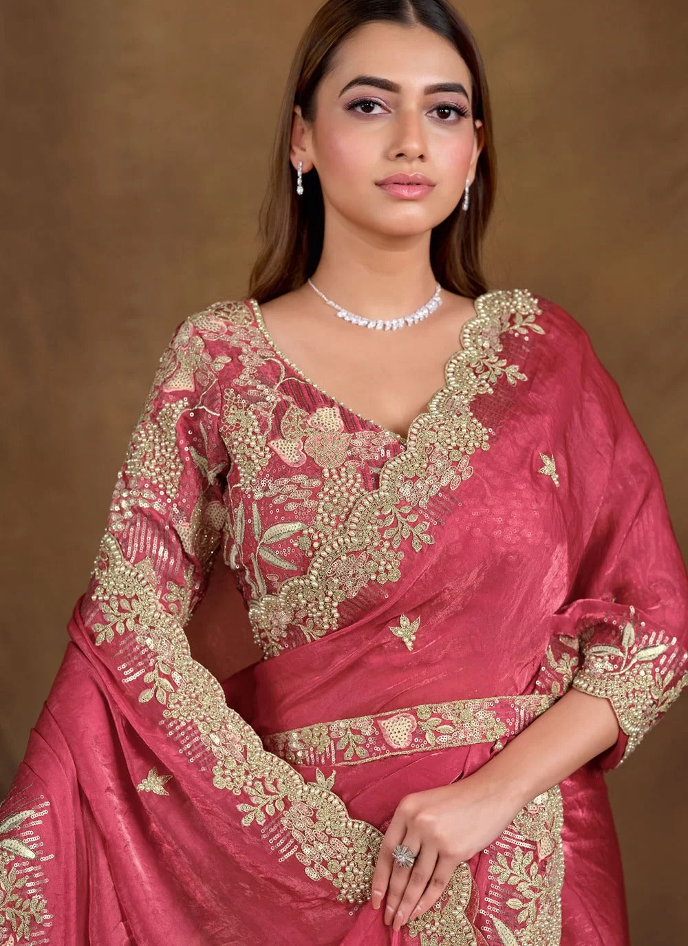 Gorgeous pink satin silk sequins work contemporary saree