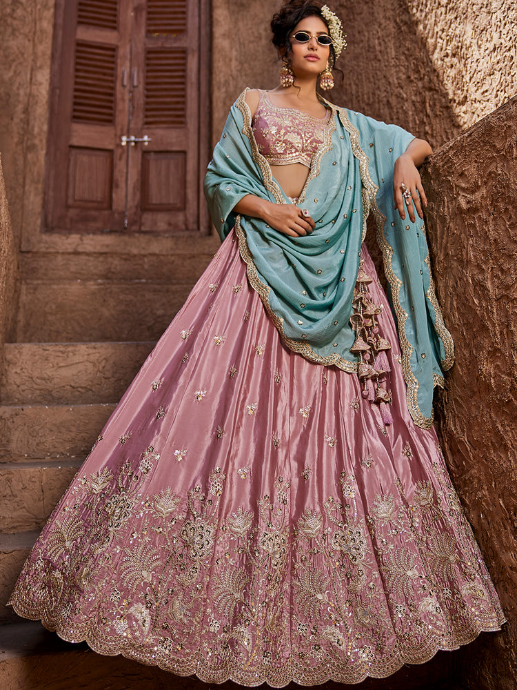 Pink Satin Silk Sequins embroidery Semi-Stitched Lehenga choli & Dupatta