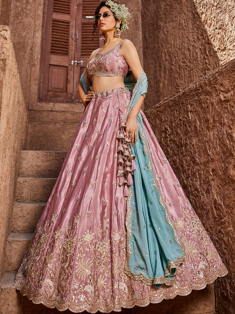 Pink Satin Silk Sequins embroidery Semi-Stitched Lehenga choli & Dupatta