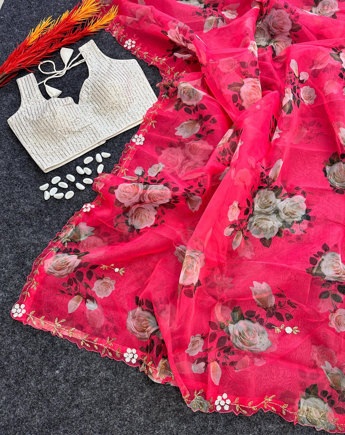 Pink Semi pure organza saree with beautiful print cover with heavy handwork and stitch sequence blouse