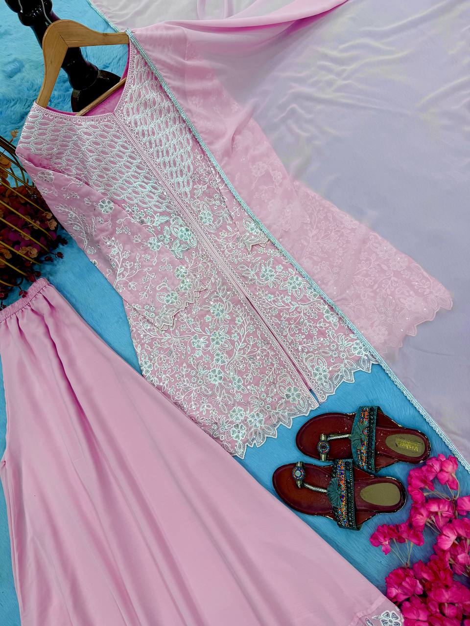Pink Sequence Work Palazzo Suit