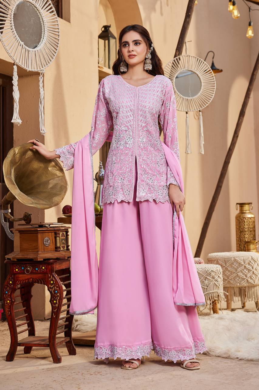 Pink Sequence Work Palazzo Suit