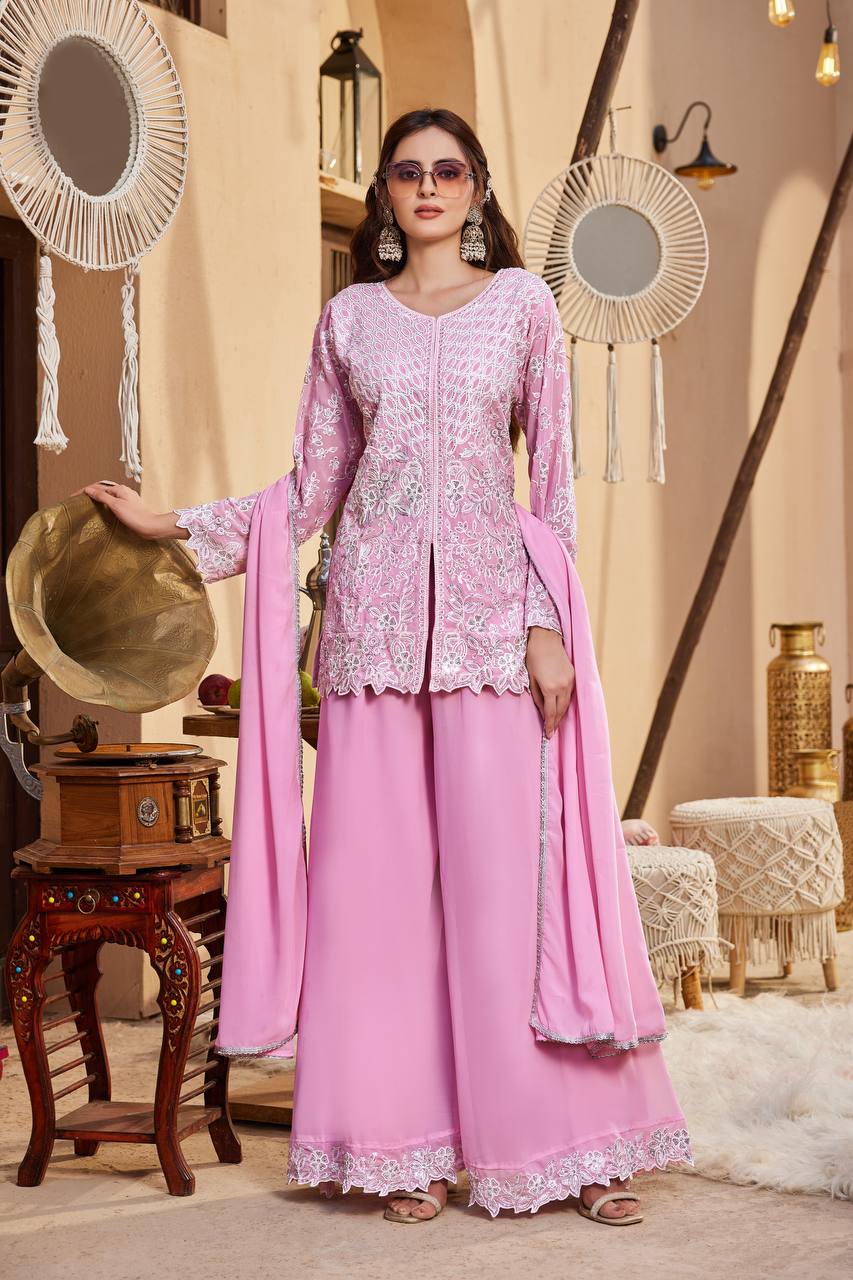 Pink Sequence Work Palazzo Suit