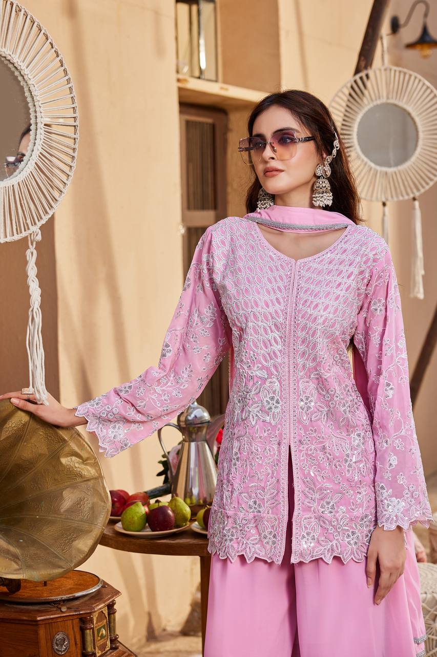 Pink Sequence Work Palazzo Suit