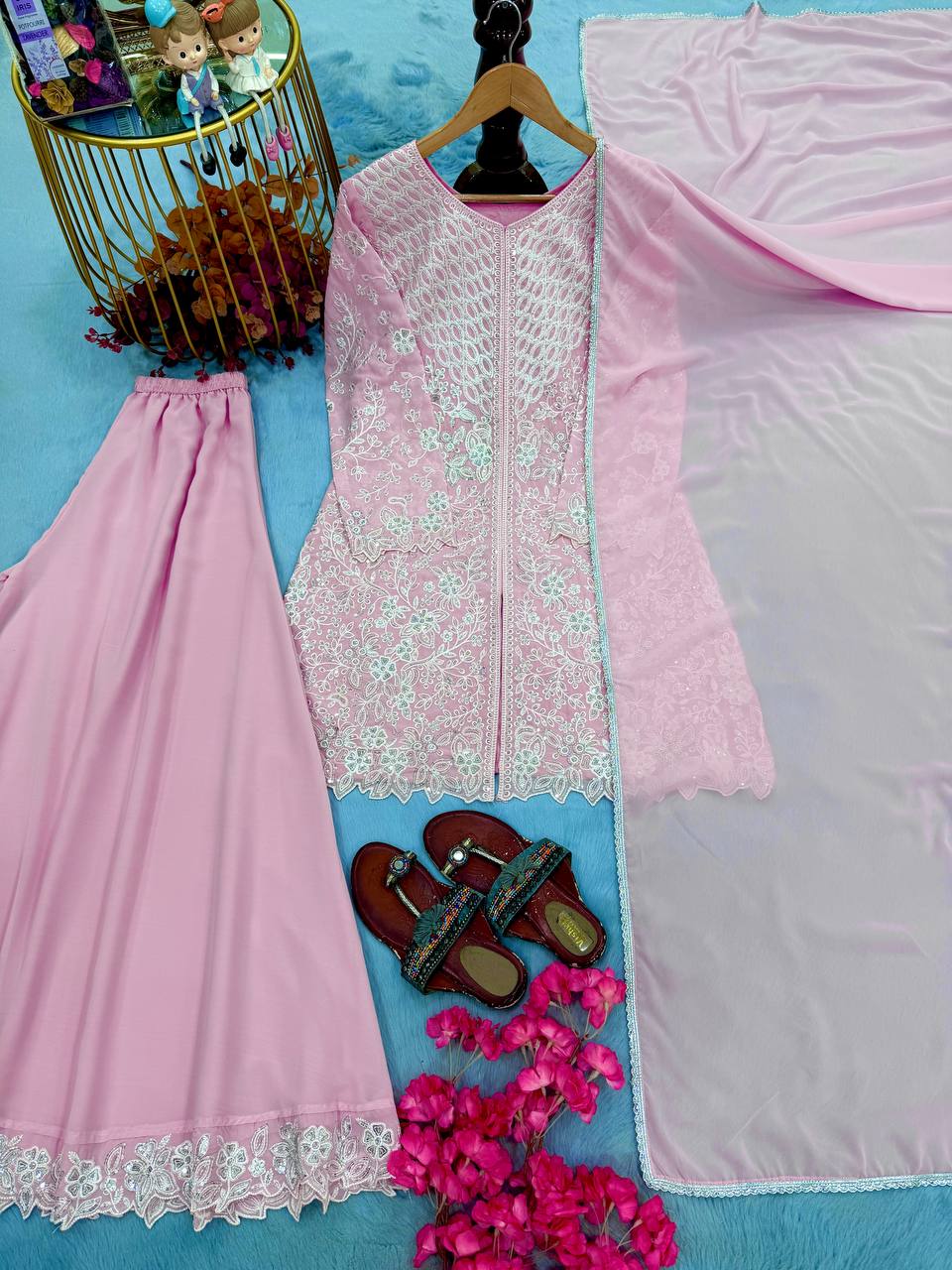 Pink Sequence Work Palazzo Suit