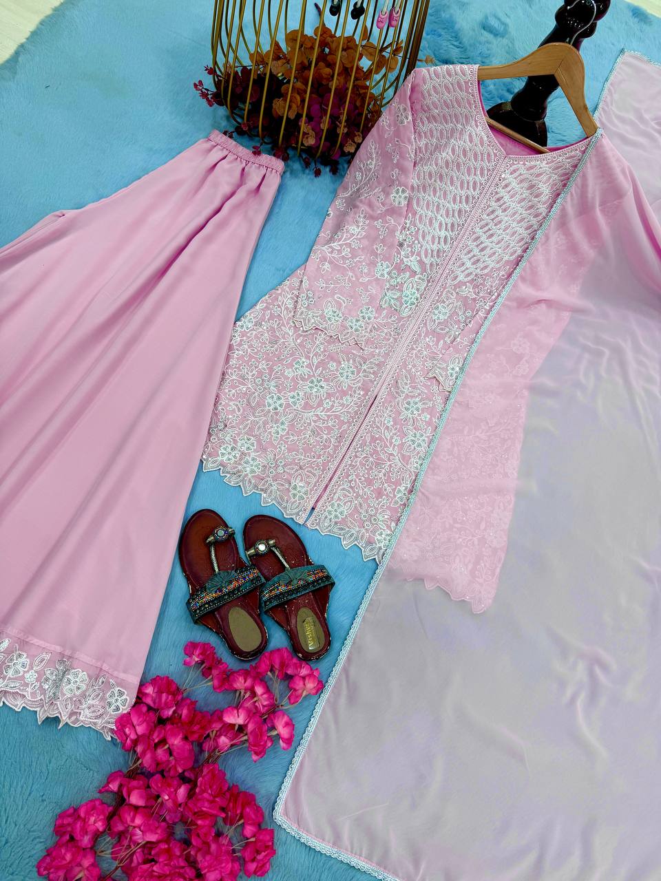 Pink Sequence Work Palazzo Suit