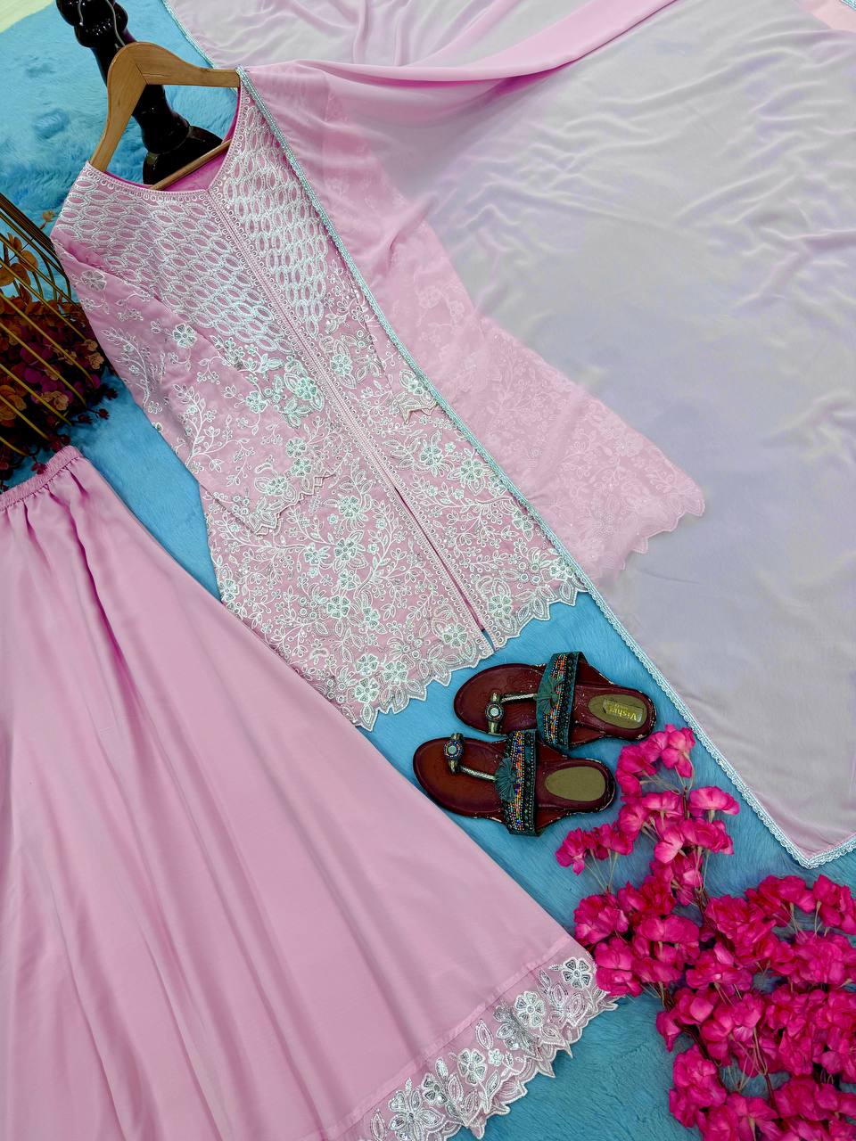 Pink Sequence Work Palazzo Suit