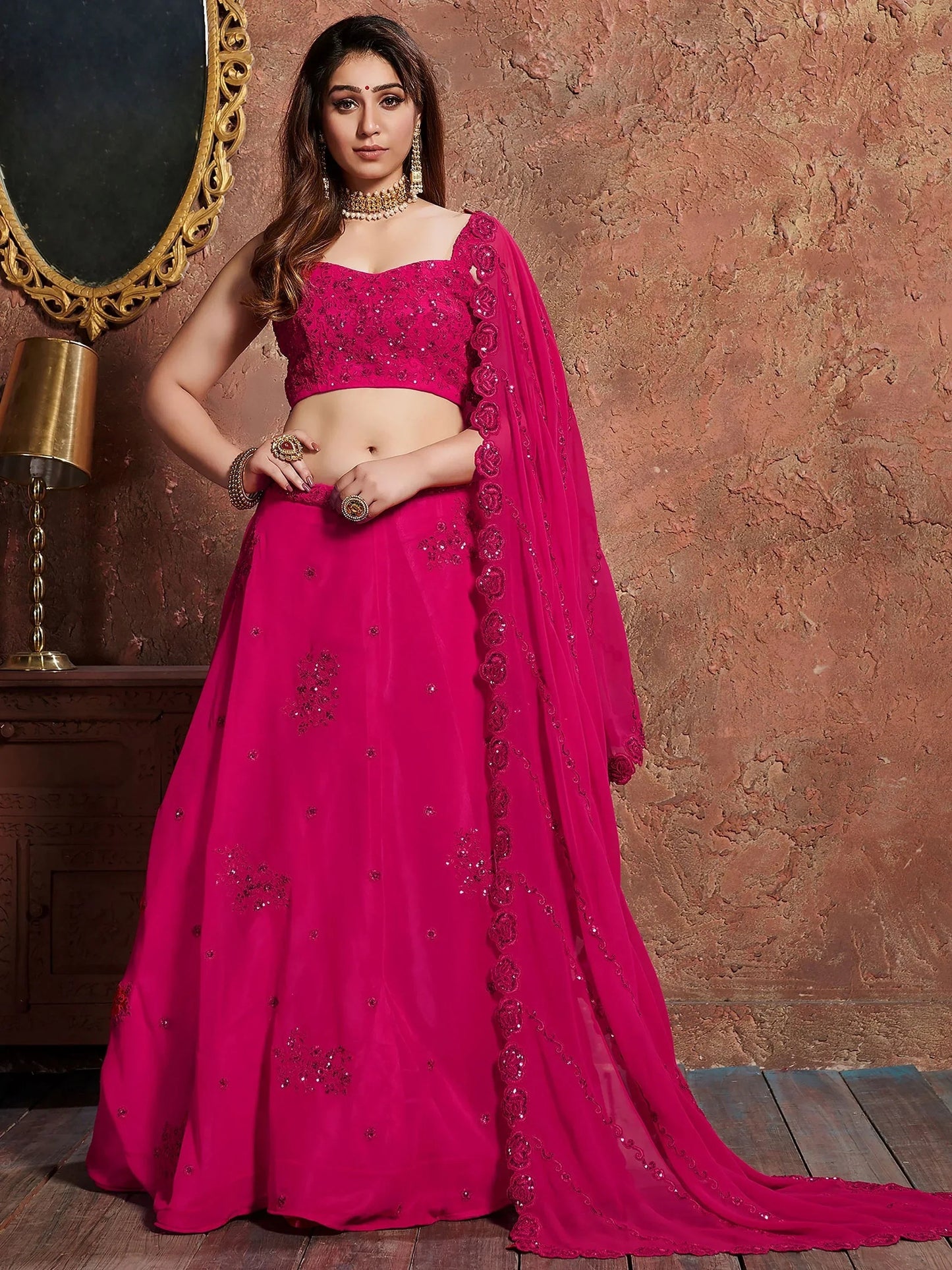 Pink Sequins Work Georgette Wedding Wear Lehenga Choli
