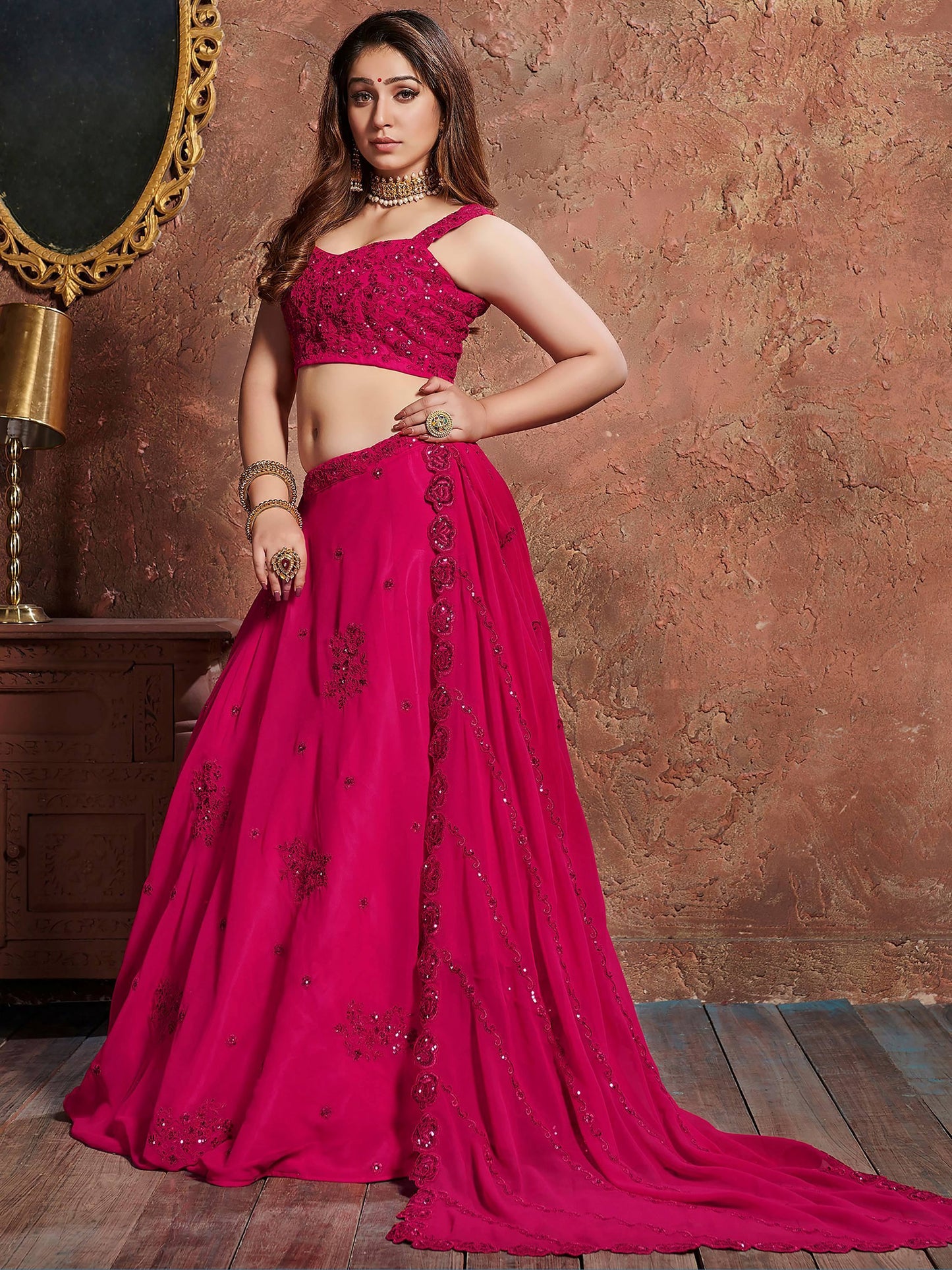 Pink Sequins Work Georgette Wedding Wear Lehenga Choli
