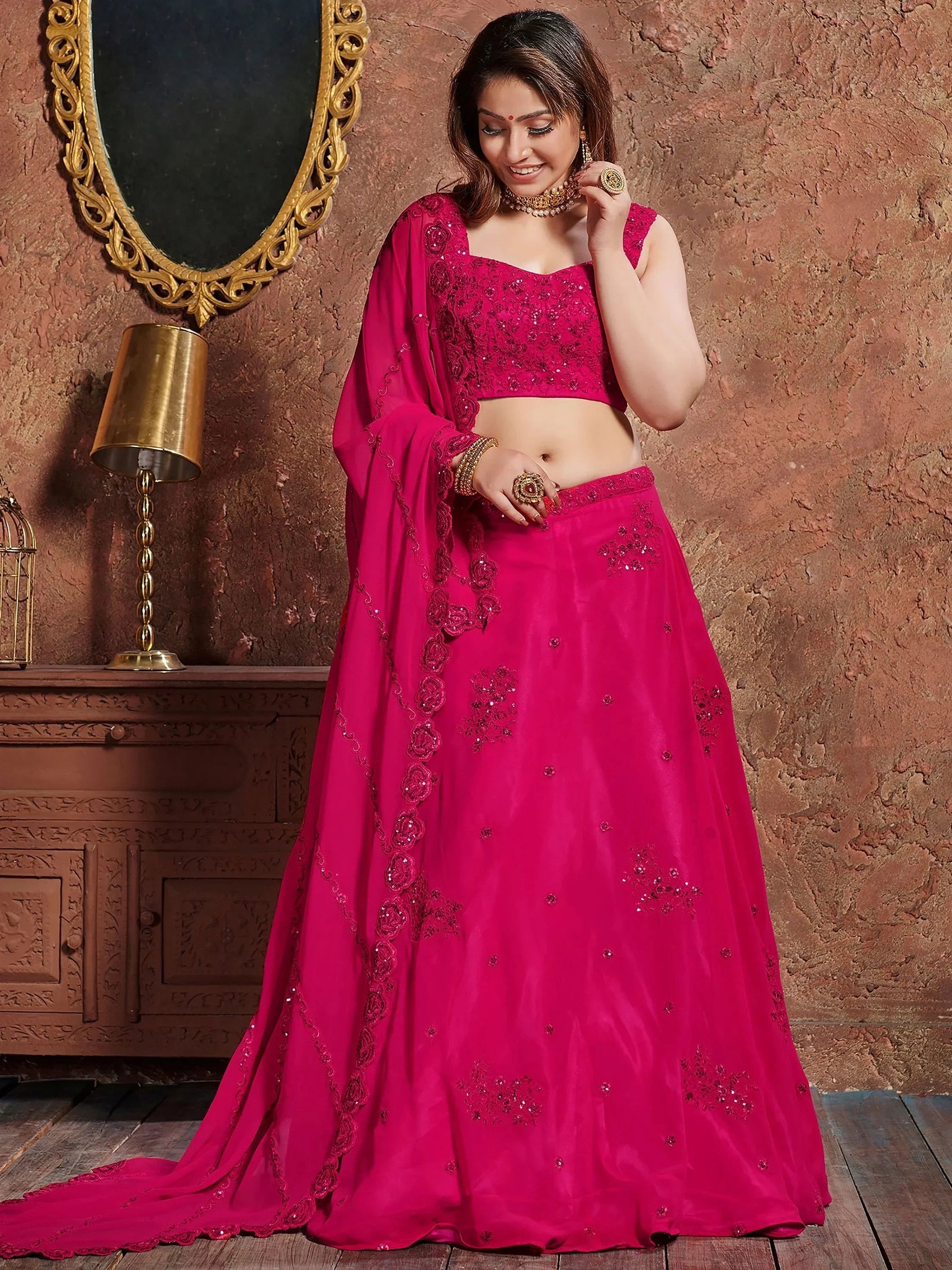 Pink Sequins Work Georgette Wedding Wear Lehenga Choli