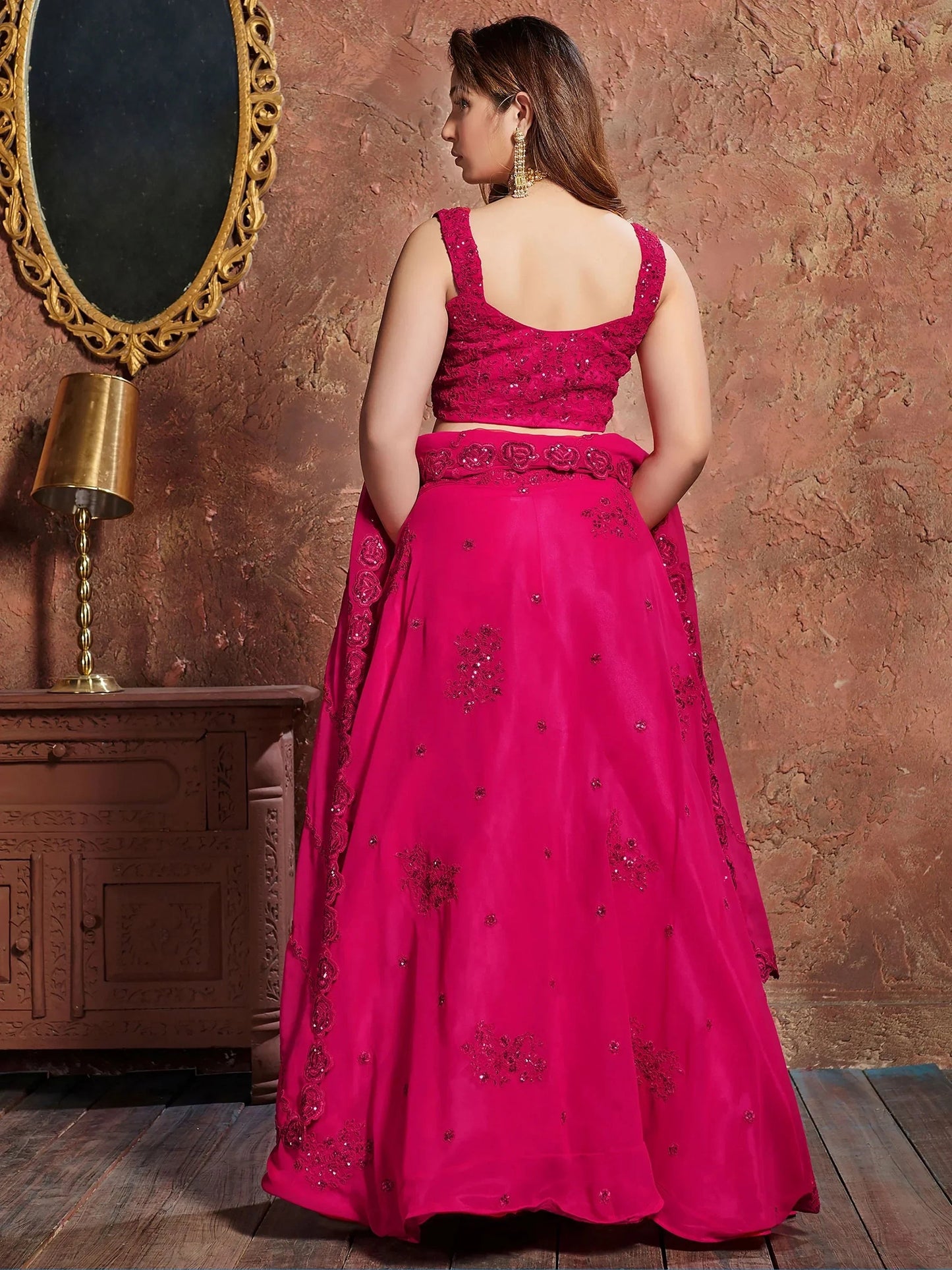 Pink Sequins Work Georgette Wedding Wear Lehenga Choli