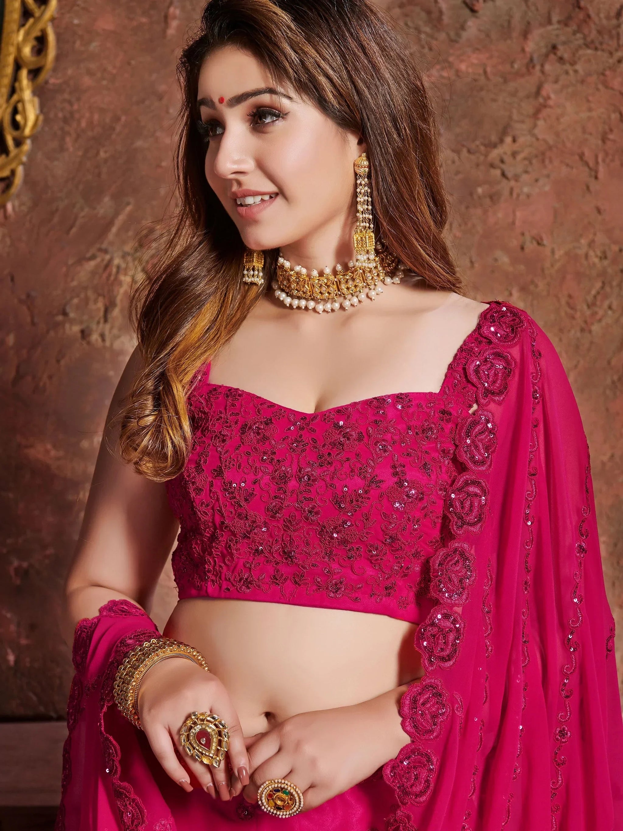 Pink Sequins Work Georgette Wedding Wear Lehenga Choli
