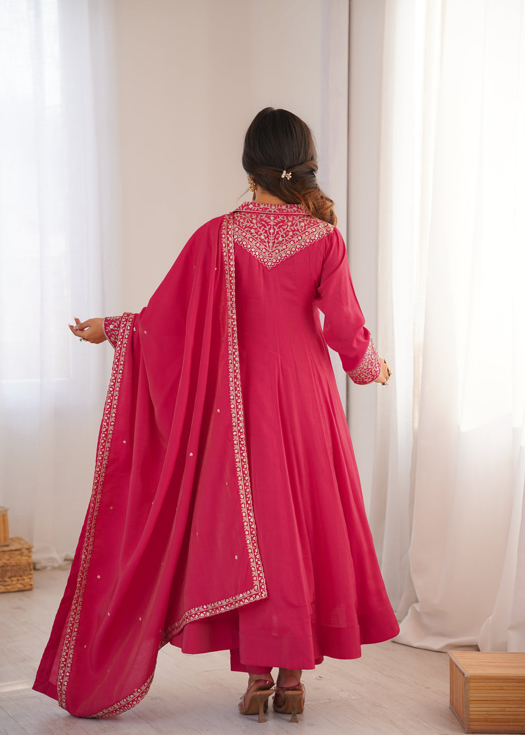 Pink Shimmer Silk Fancy Zari Work Anarkali