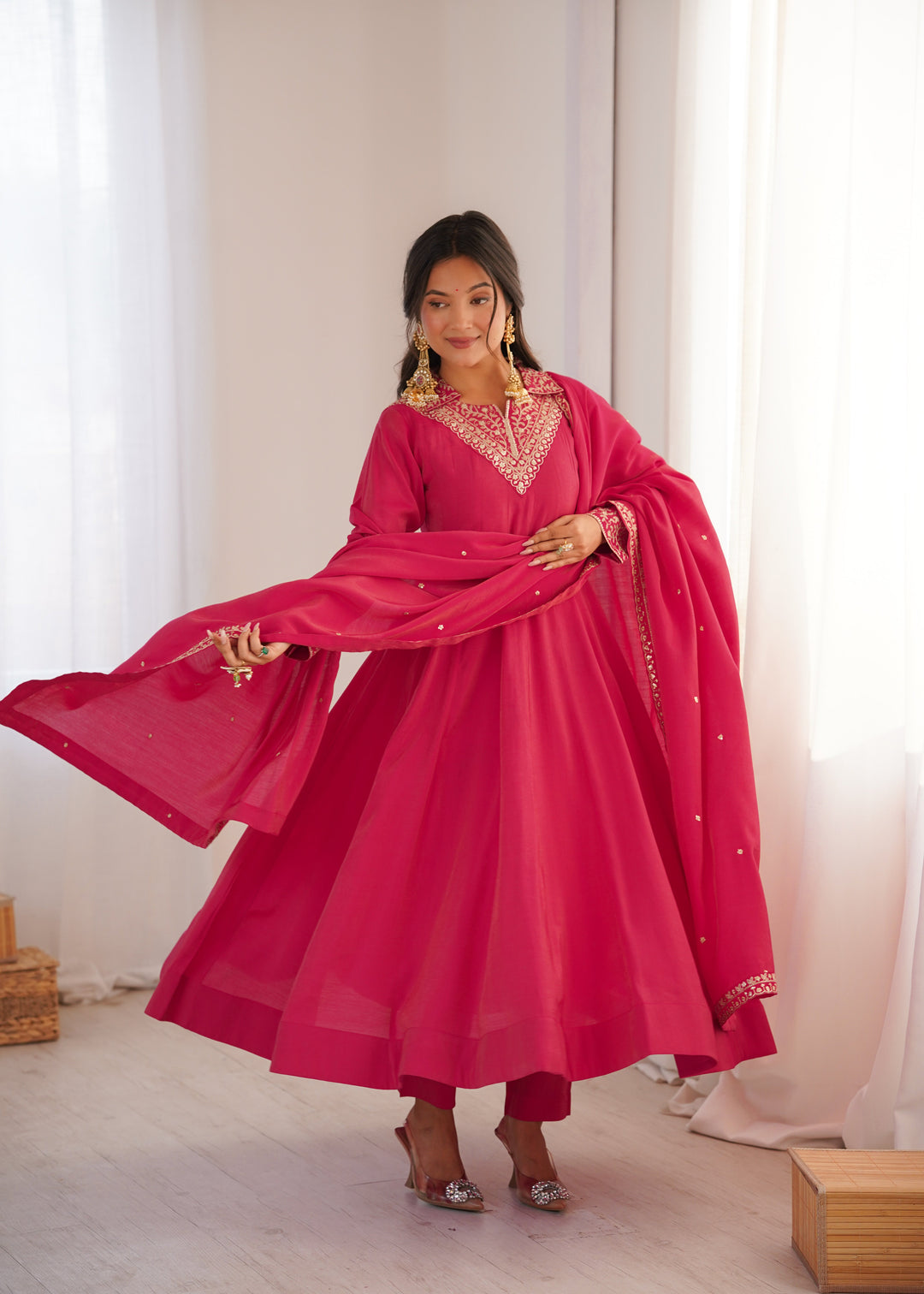 Pink Shimmer Silk Fancy Zari Work Anarkali