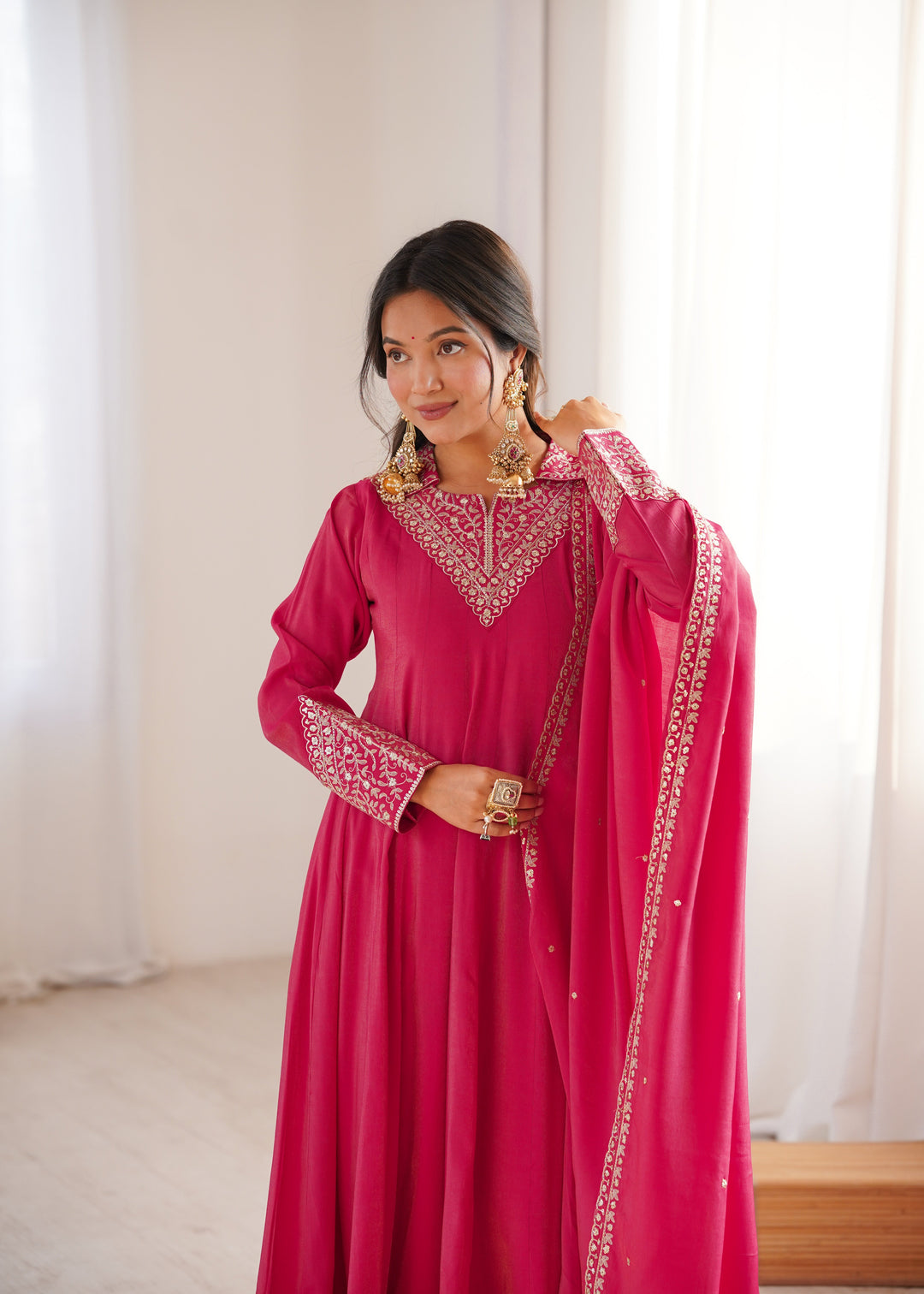 Pink Shimmer Silk Fancy Zari Work Anarkali