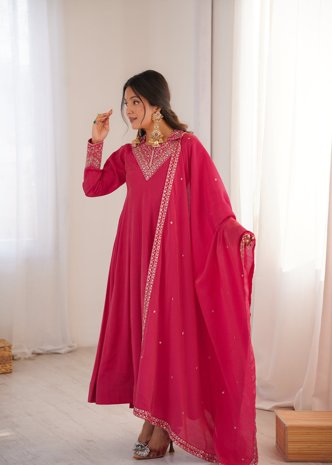 Pink Shimmer Silk Fancy Zari Work Anarkali