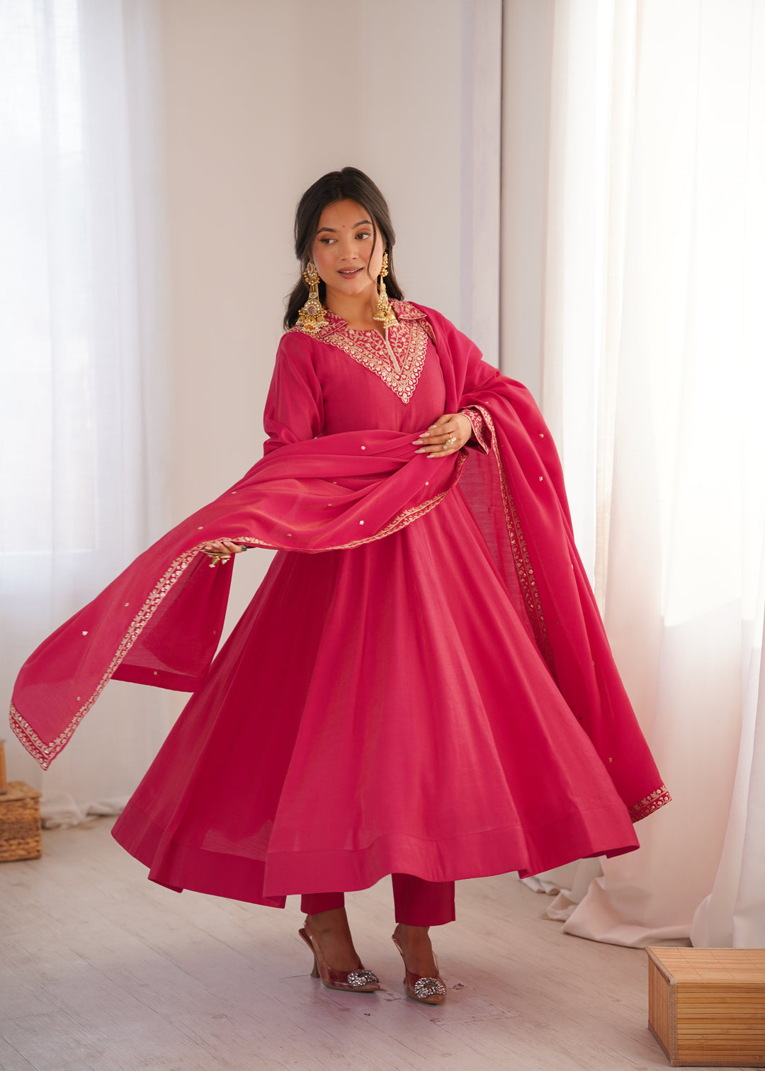 Pink Shimmer Silk Fancy Zari Work Anarkali