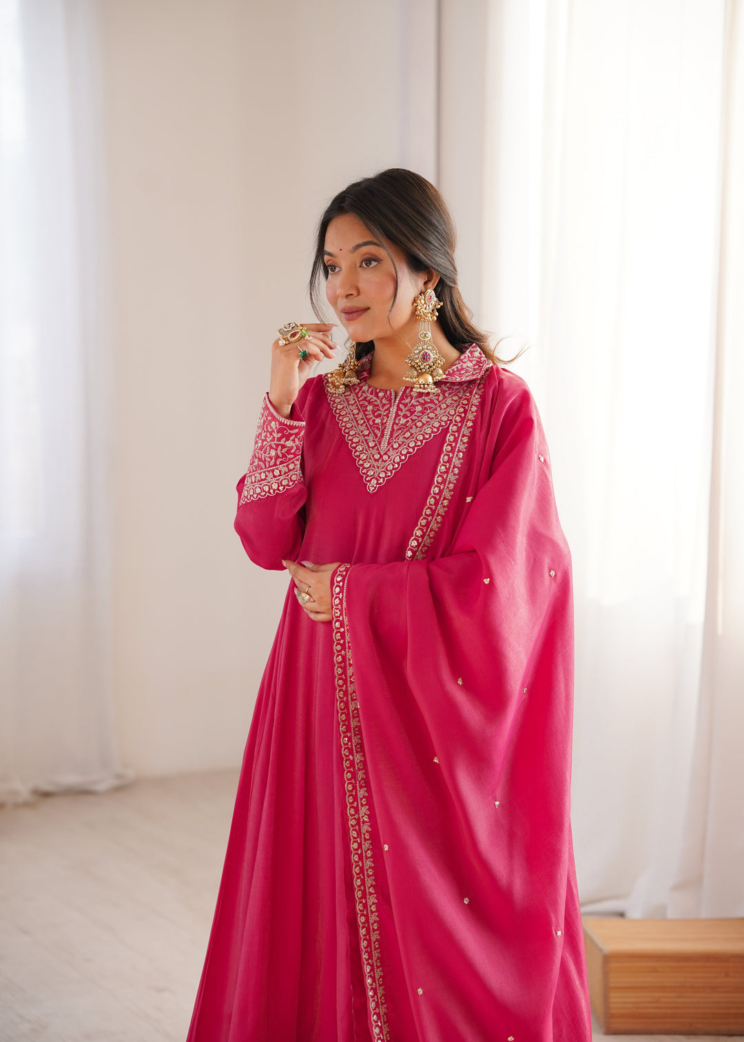 Pink Shimmer Silk Fancy Zari Work Anarkali