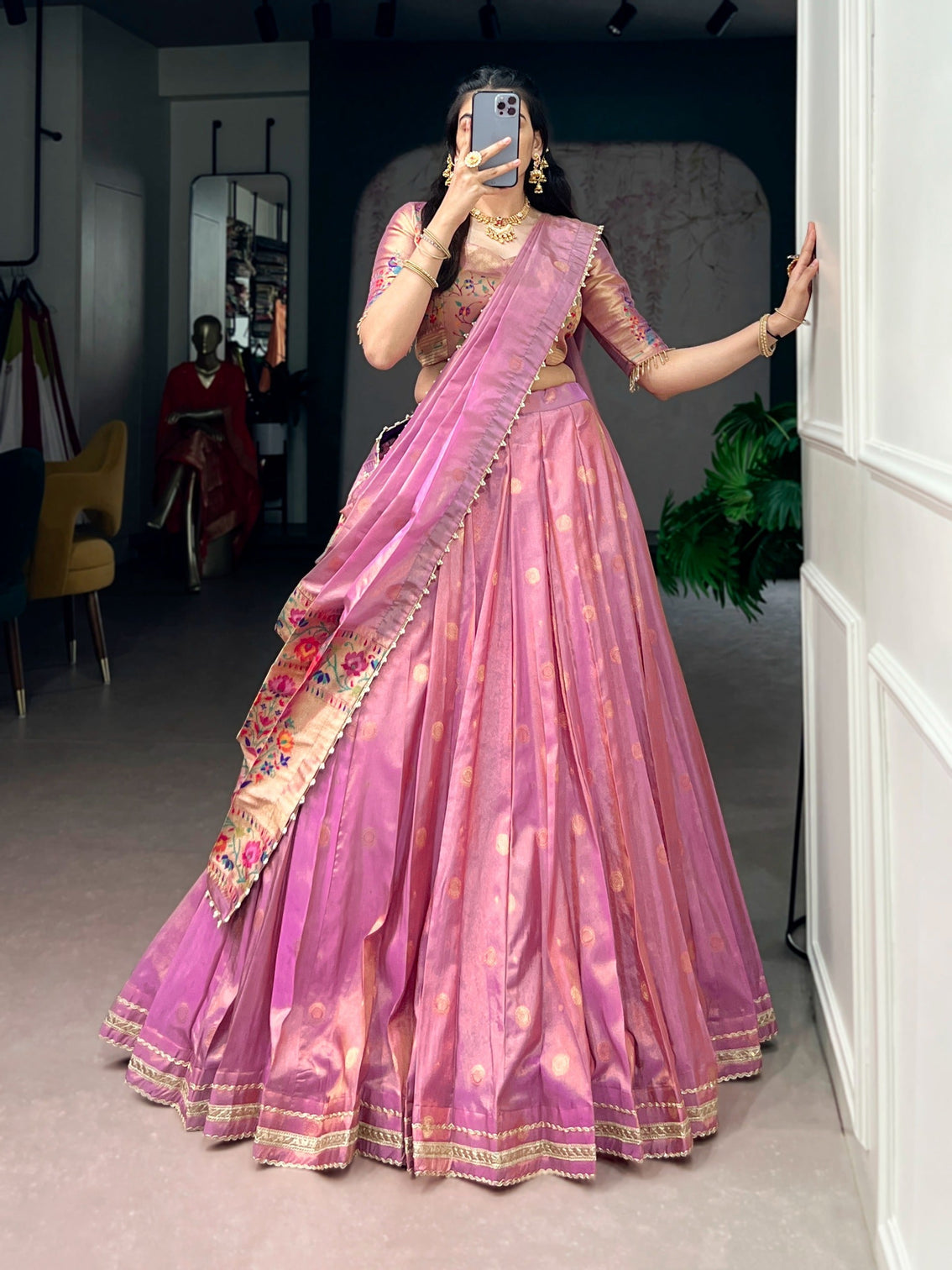 Pink Shimmer Zari Weaving Lehenga