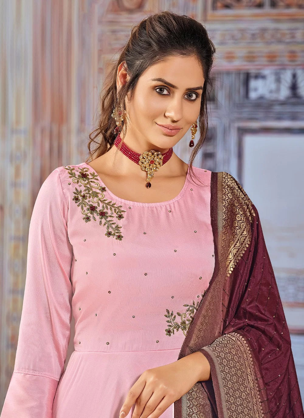 Pink silk anarkali suit with dolla silk dupatta and handwork embroidery