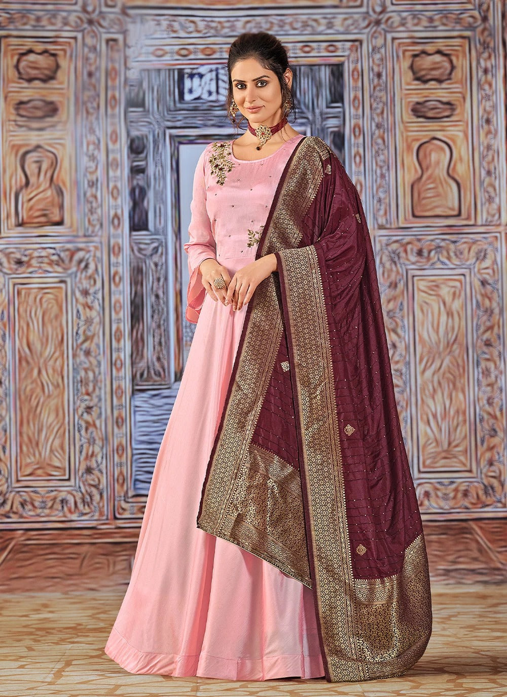 Pink silk anarkali suit with dolla silk dupatta and handwork embroidery