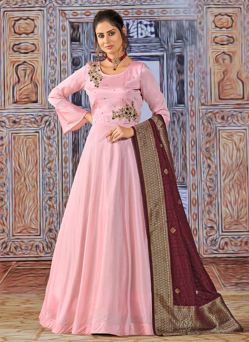 Pink silk anarkali suit with dolla silk dupatta and handwork embroidery
