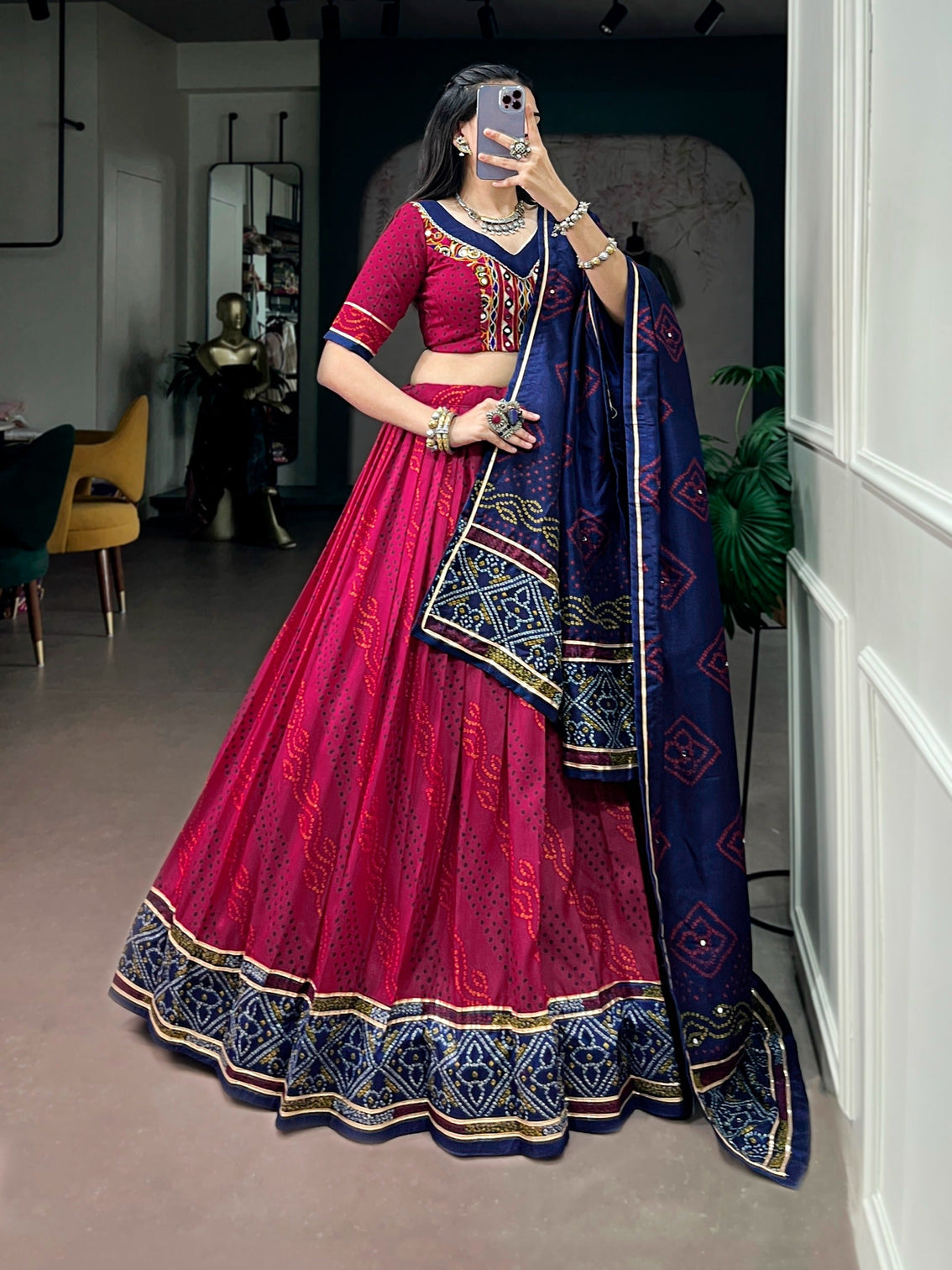 Pink Silk Bandhej Print Lehenga
