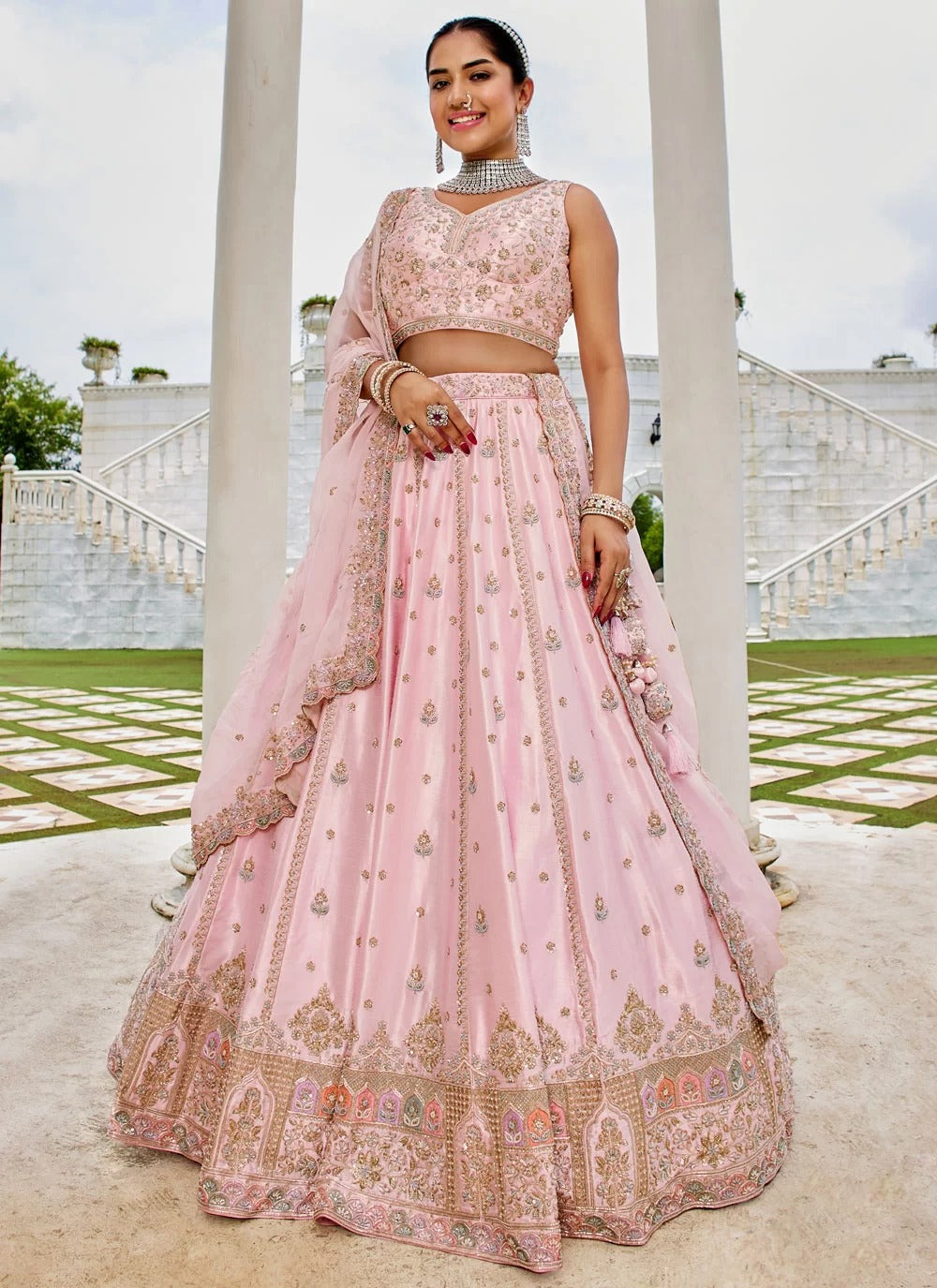 Elegant pink silk wedding guest lehenga with sequins embroidery work