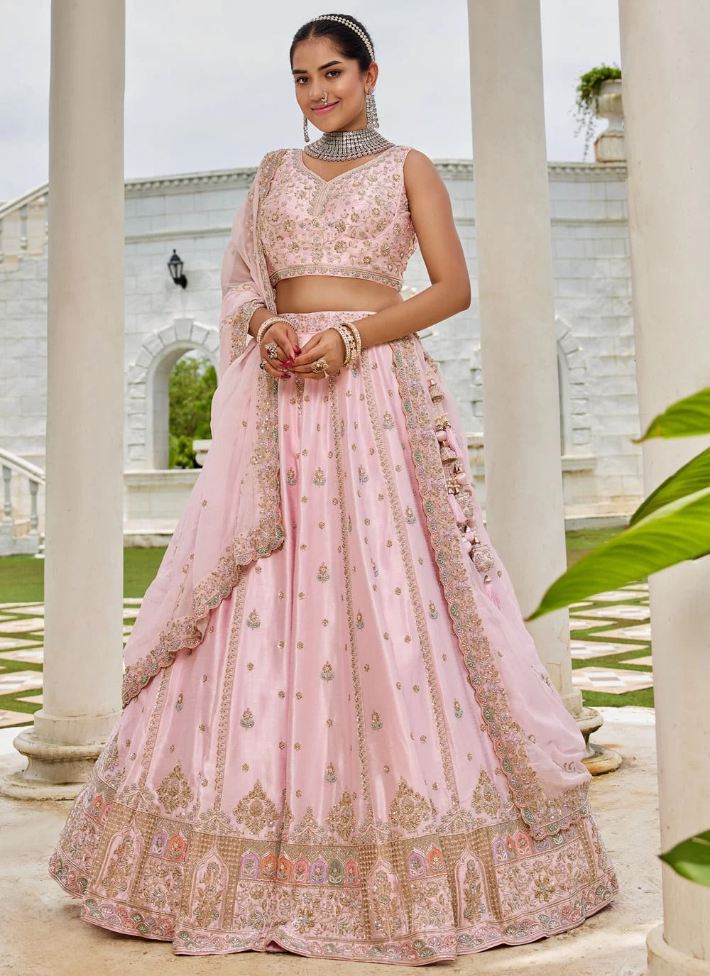 Elegant pink silk wedding guest lehenga with sequins embroidery work