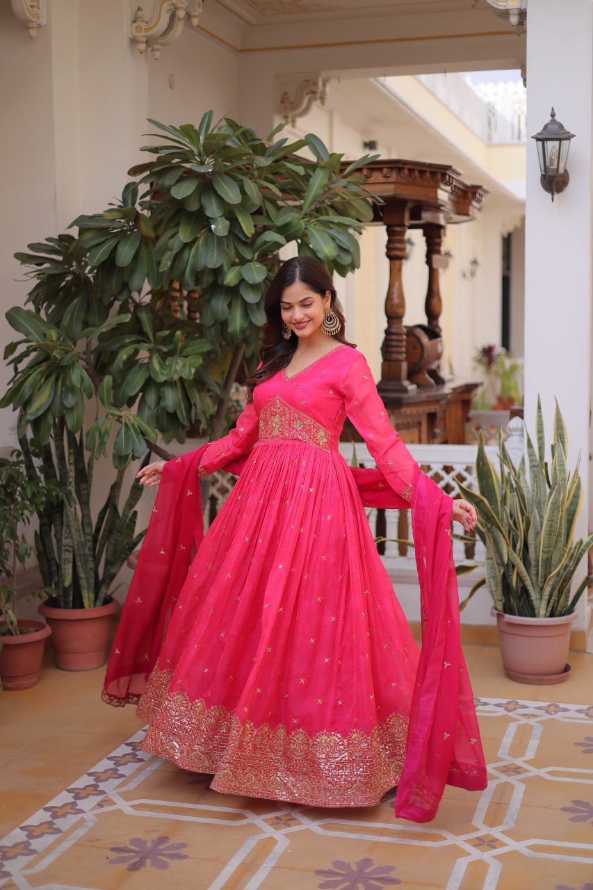 Pink Silk Embroidered Anarkali Gown