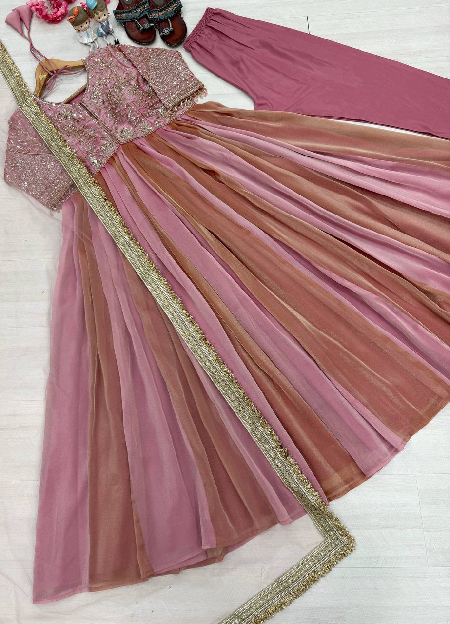 Pink Silk Embroidery Beads Work Gown