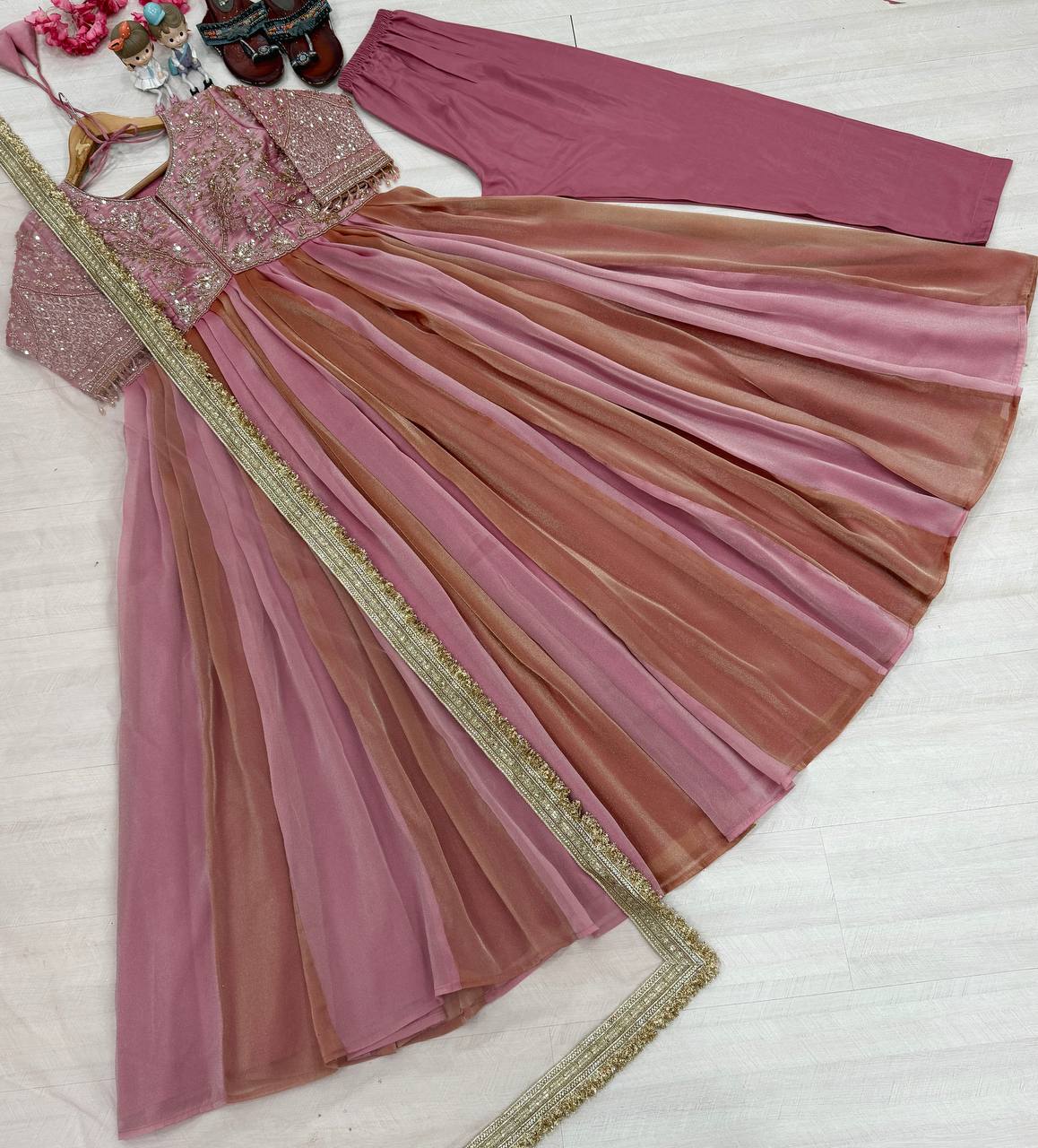 Pink Silk Embroidery Beads Work Gown
