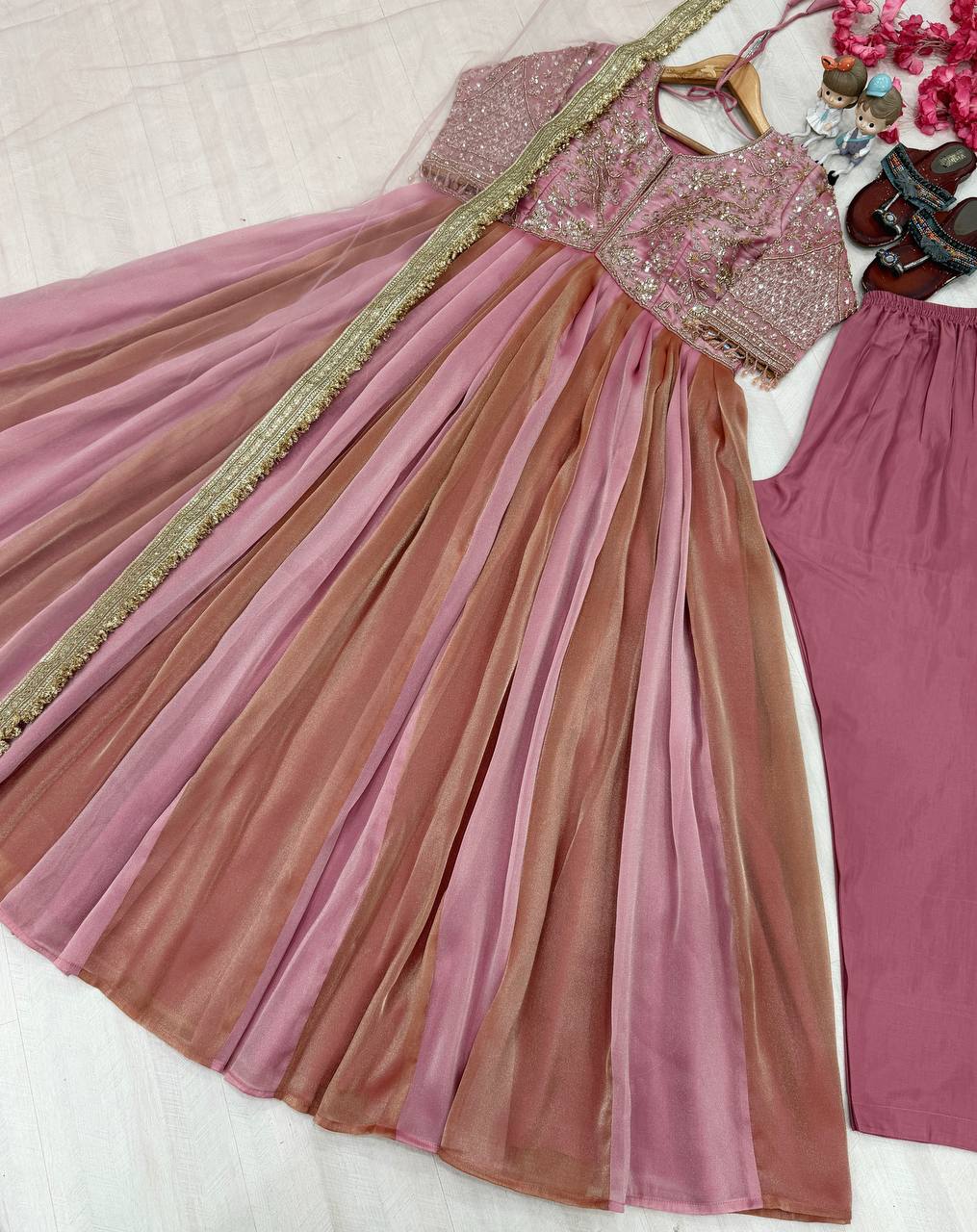 Pink Silk Embroidery Beads Work Gown