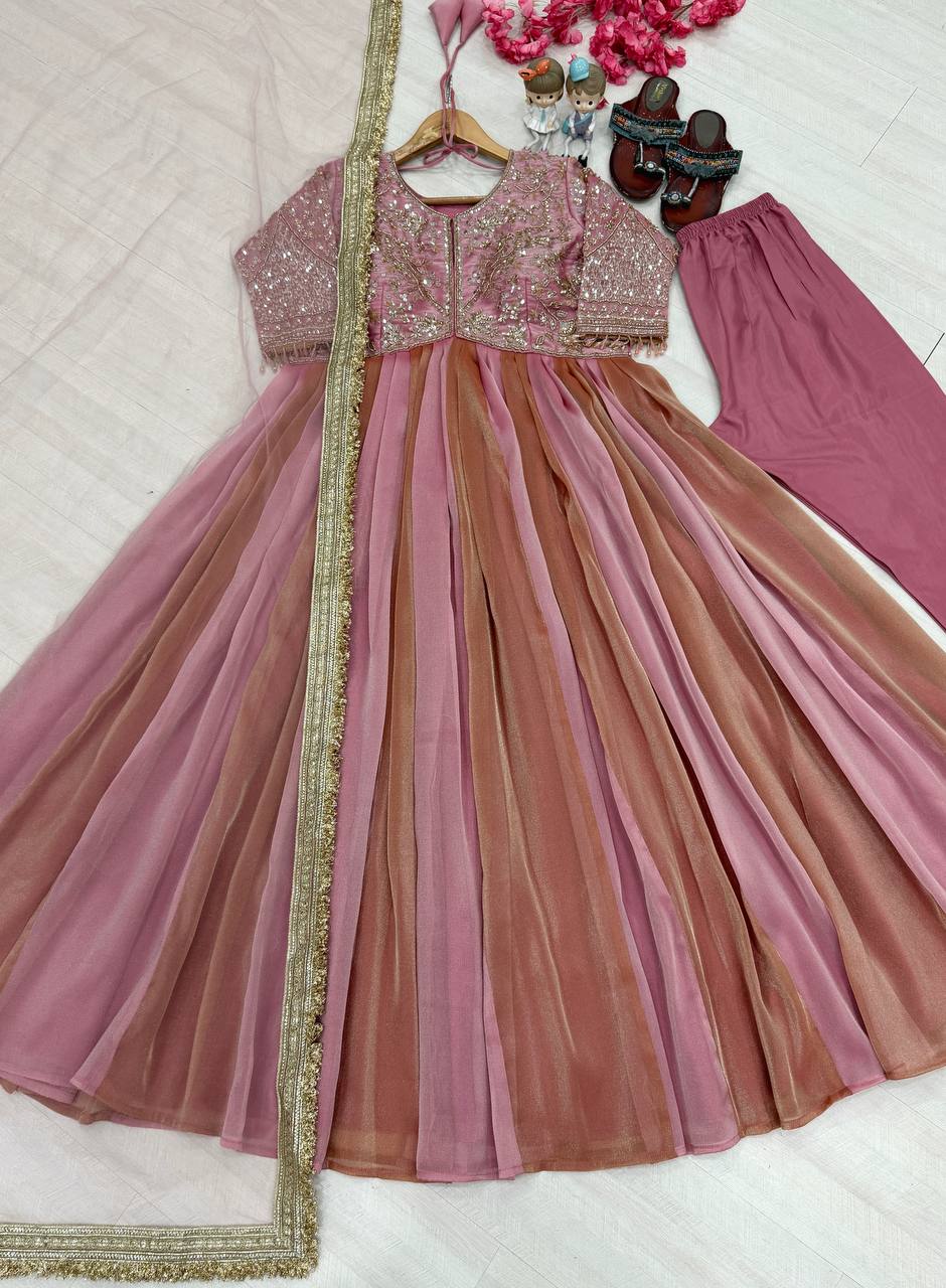 Pink Silk Embroidery Beads Work Gown