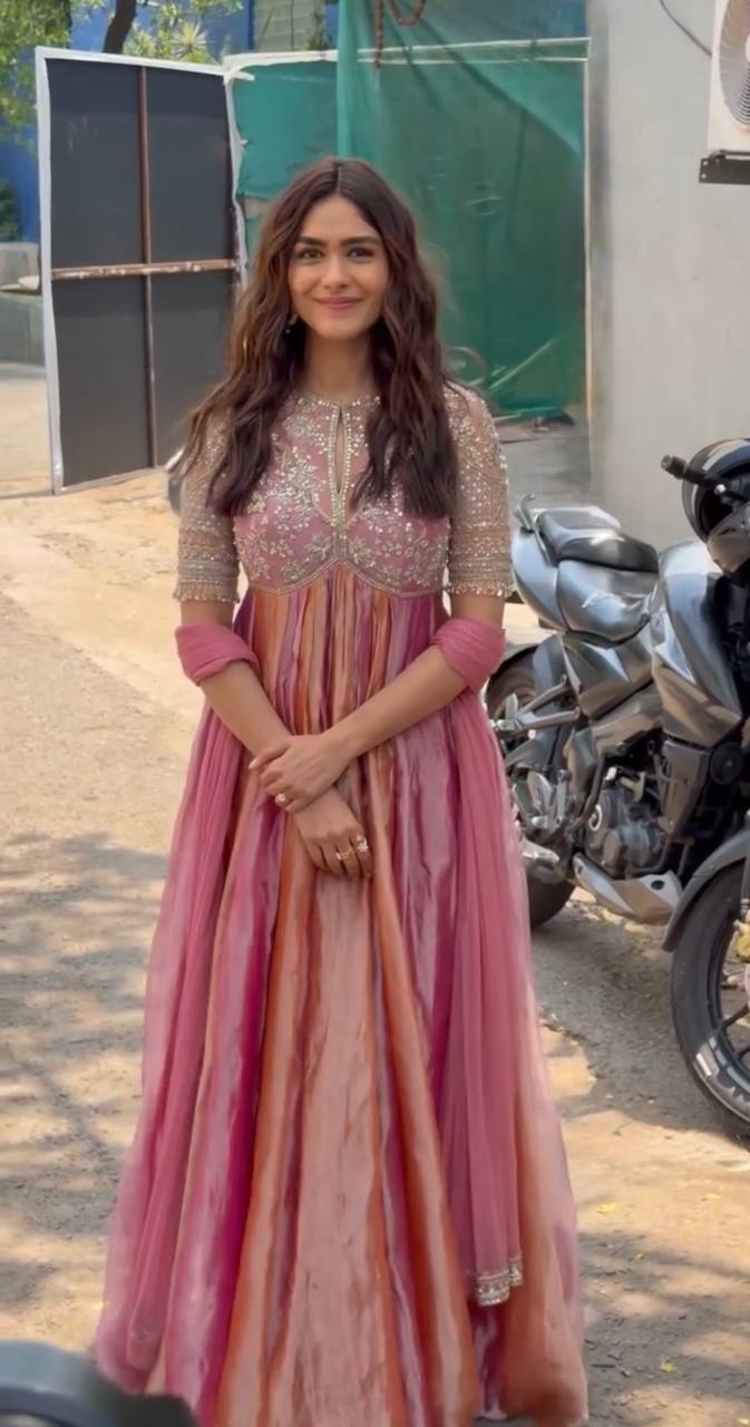 Pink Silk Embroidery Beads Work Gown