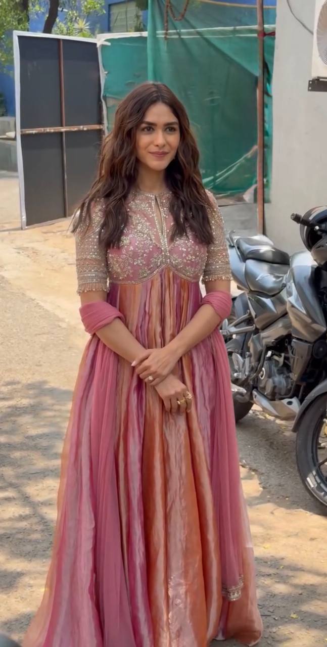 Pink Silk Embroidery Beads Work Gown