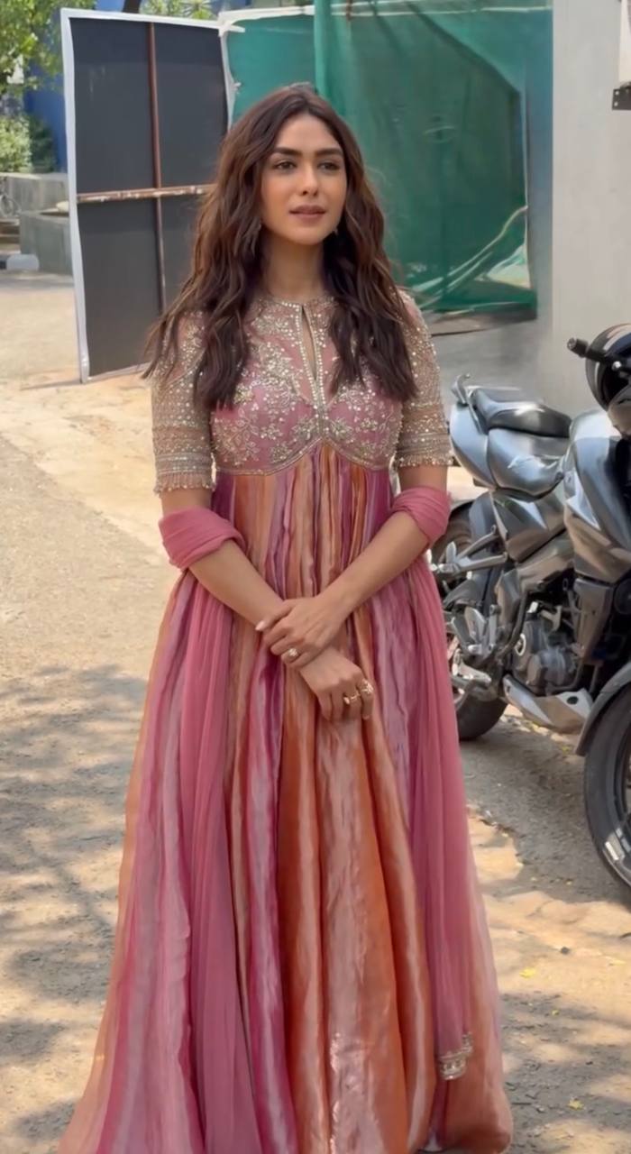 Pink Silk Embroidery Beads Work Gown
