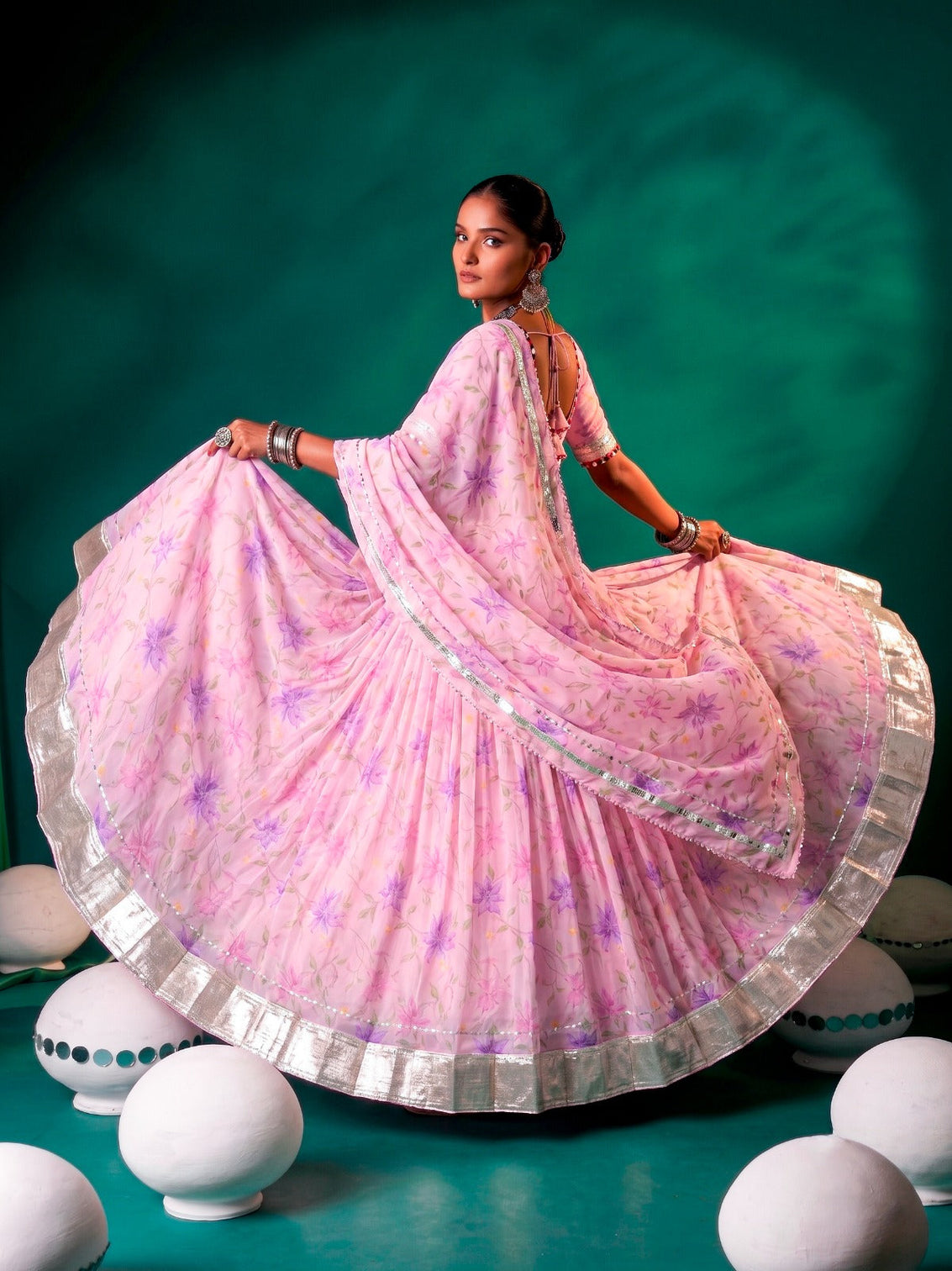 Pink Silk Floral Printed Lehenga