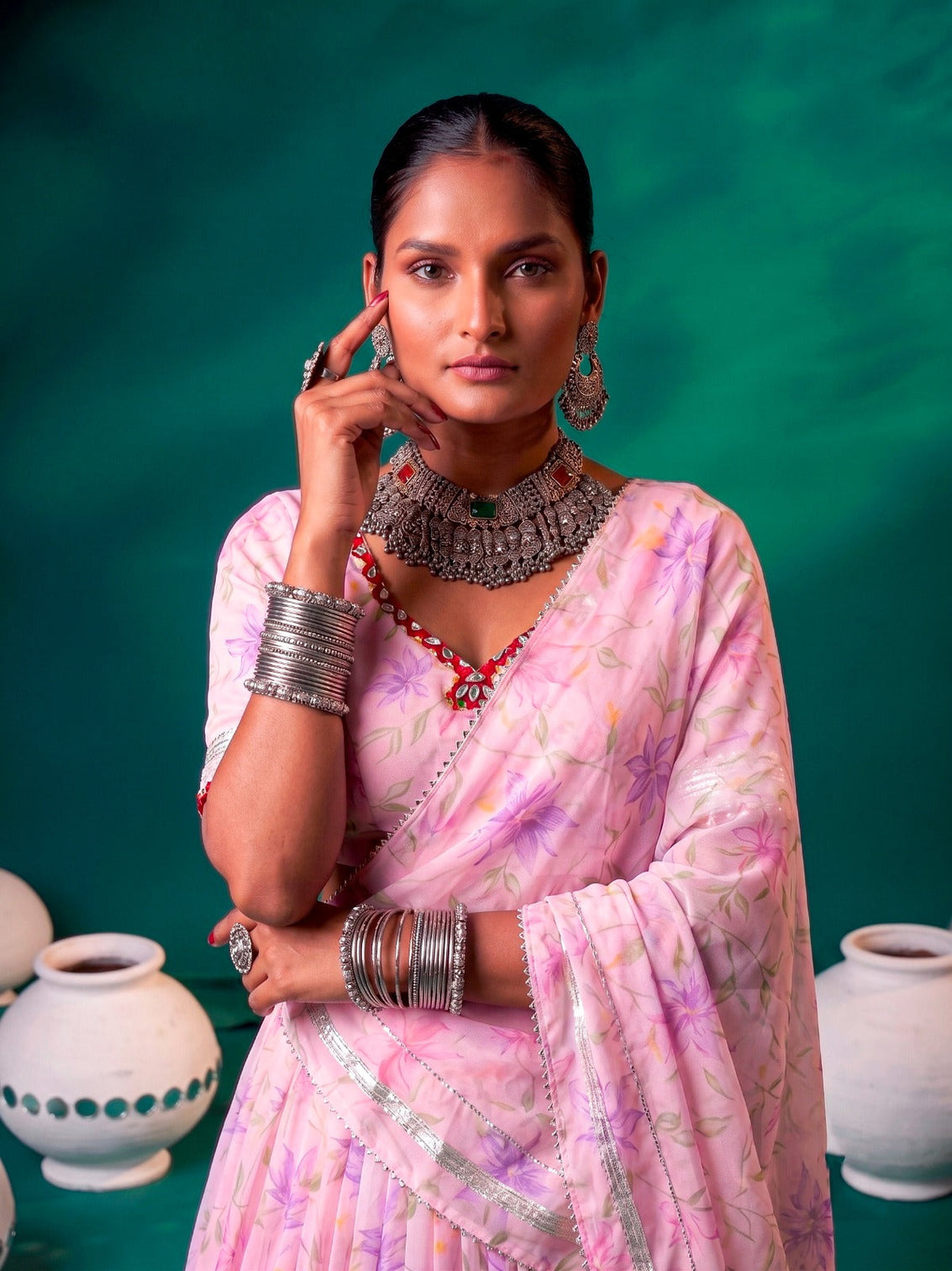 Pink Silk Floral Printed Lehenga